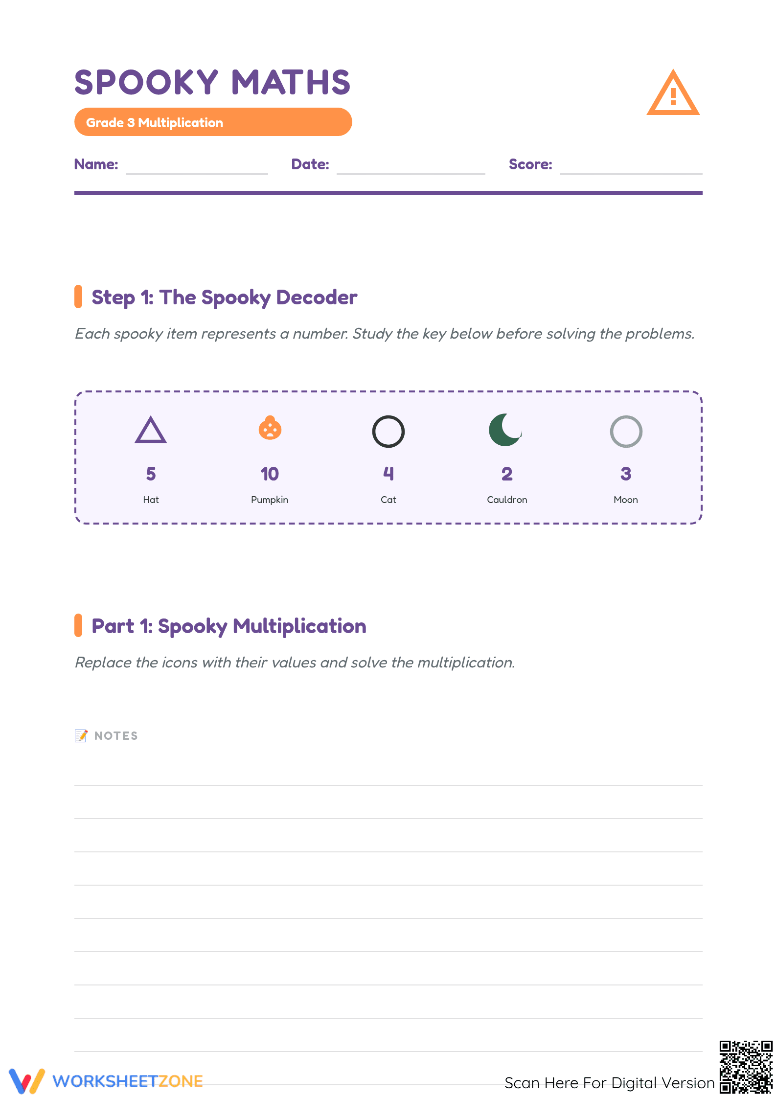 Printable Grade 3 Spooky Multiplication Math Worksheet - Page 1