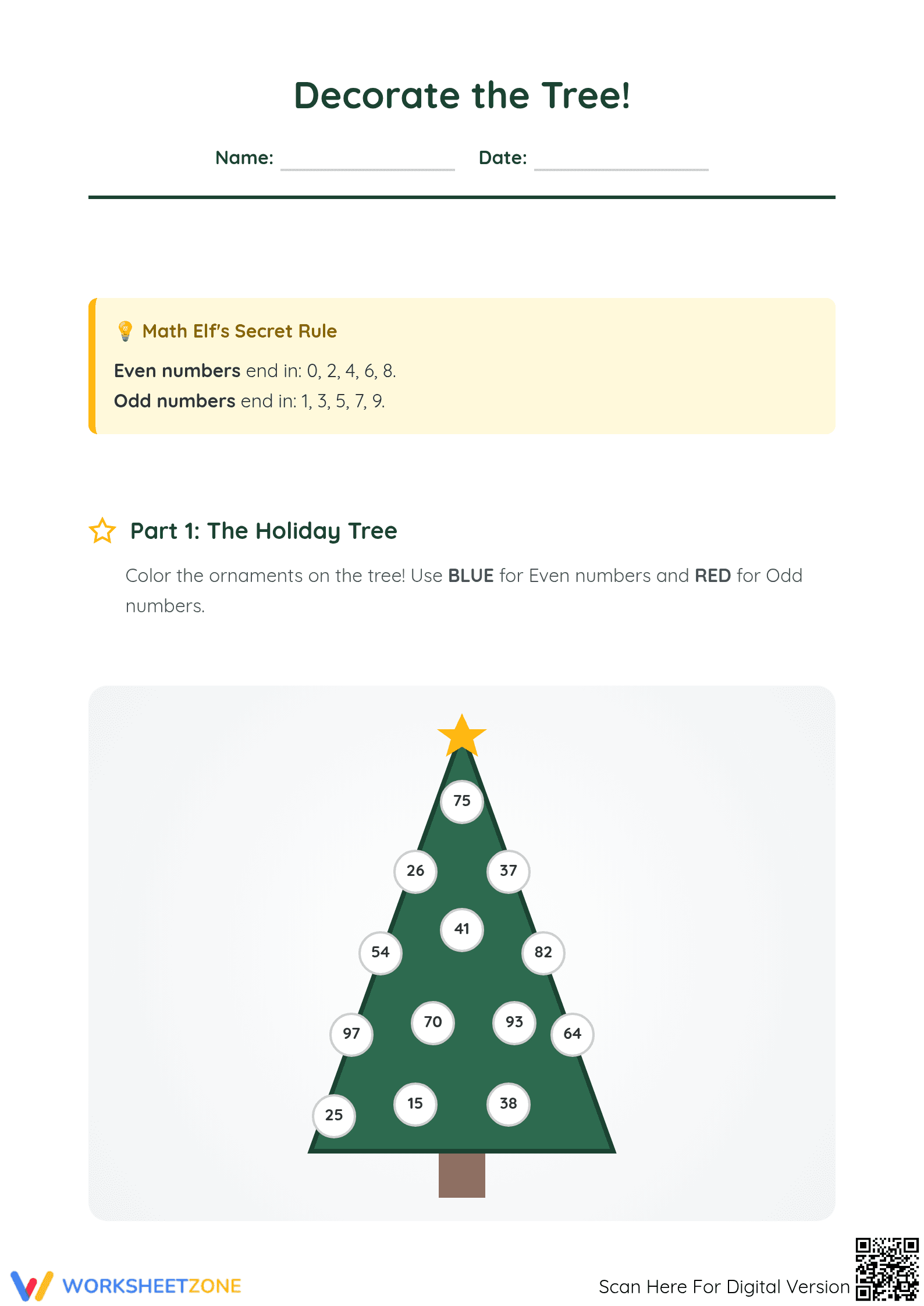 Printable Even or Odd Christmas Tree Worksheet | Grade 2 - Page 1