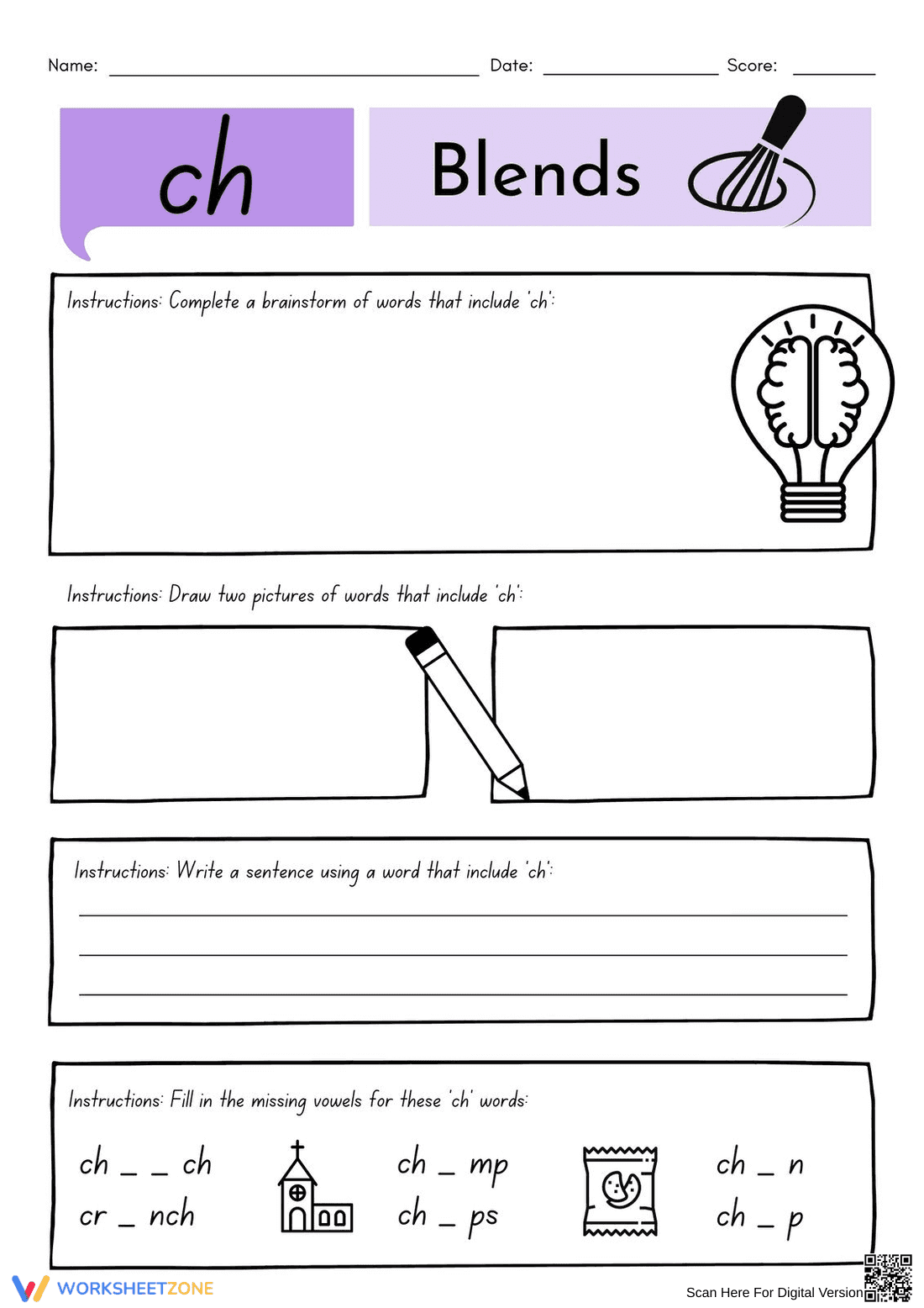 Grade 1 ch Digraphs — Printable No-Prep Worksheet - Page 1