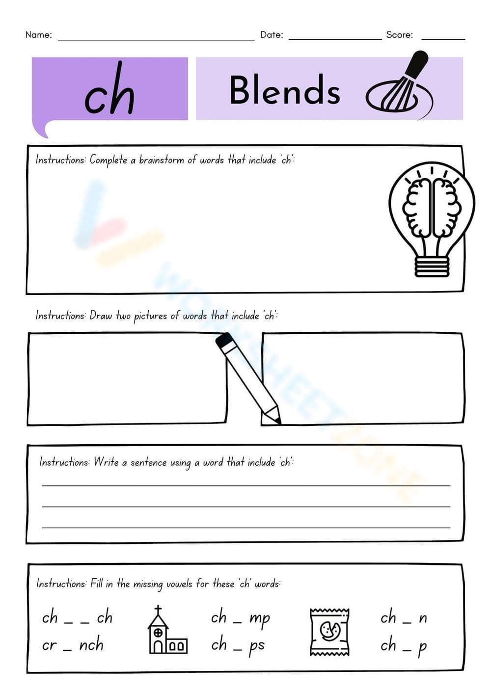 Grade 1 ch Digraphs — Printable No-Prep Worksheet - Page 1