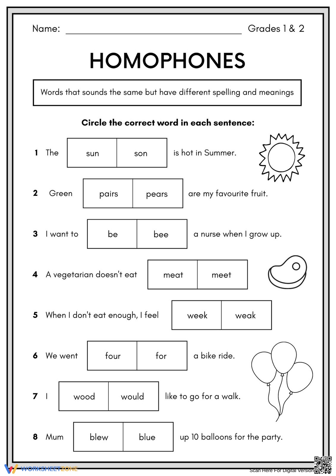 Grade 1-2 Homophones — Printable No-Prep Worksheet - Page 1