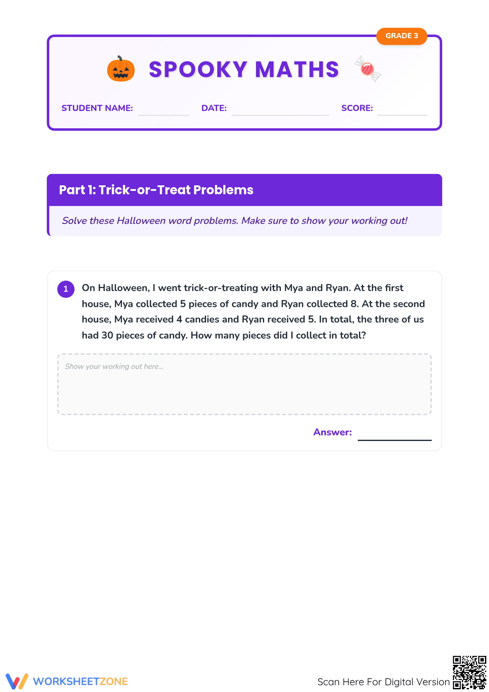 Essential Grade 3 Spooky Maths Word Problems Worksheet - Page 1