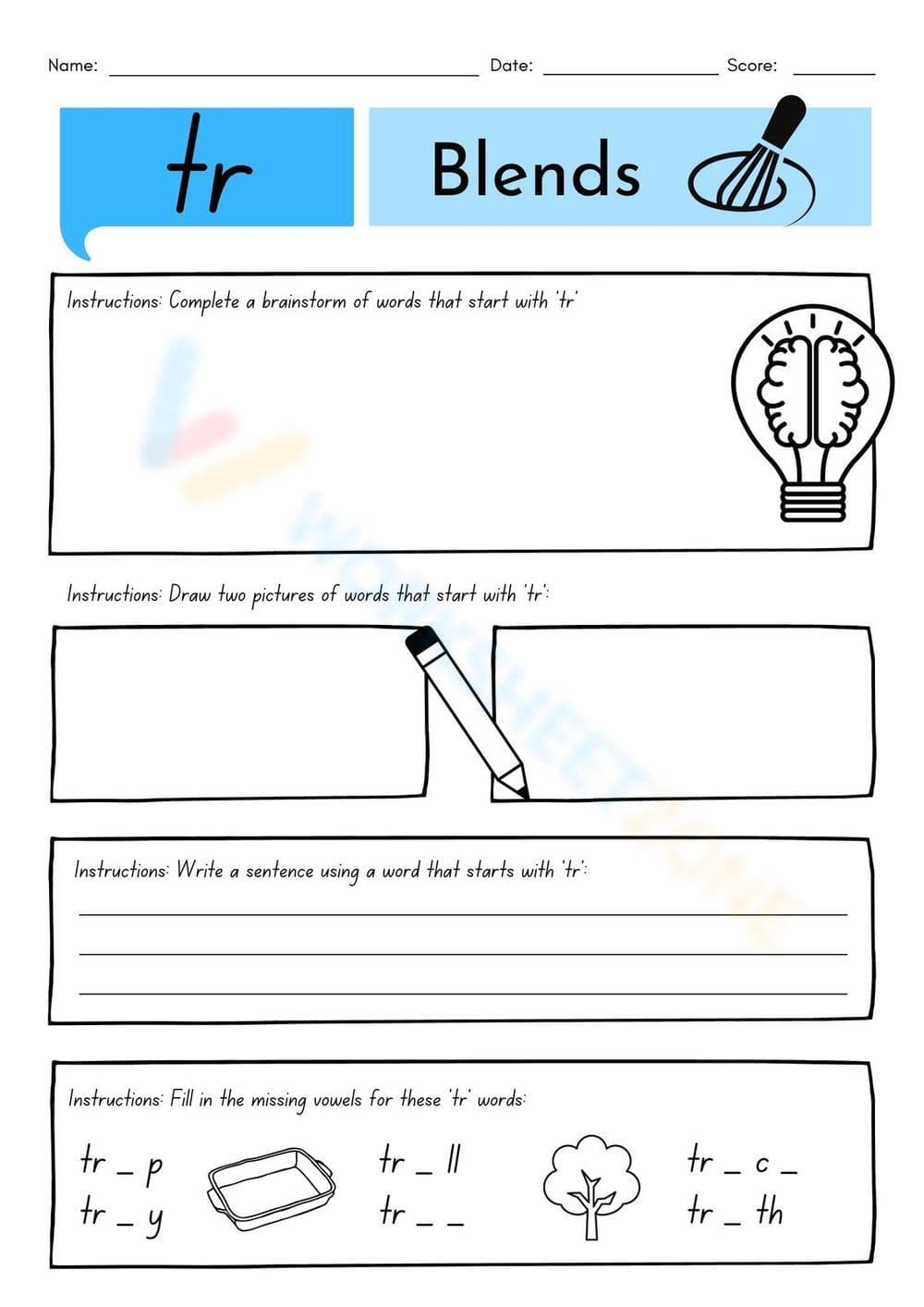 Essential Word Blends 'tr' Worksheet | Grade 1 ELA - Page 1