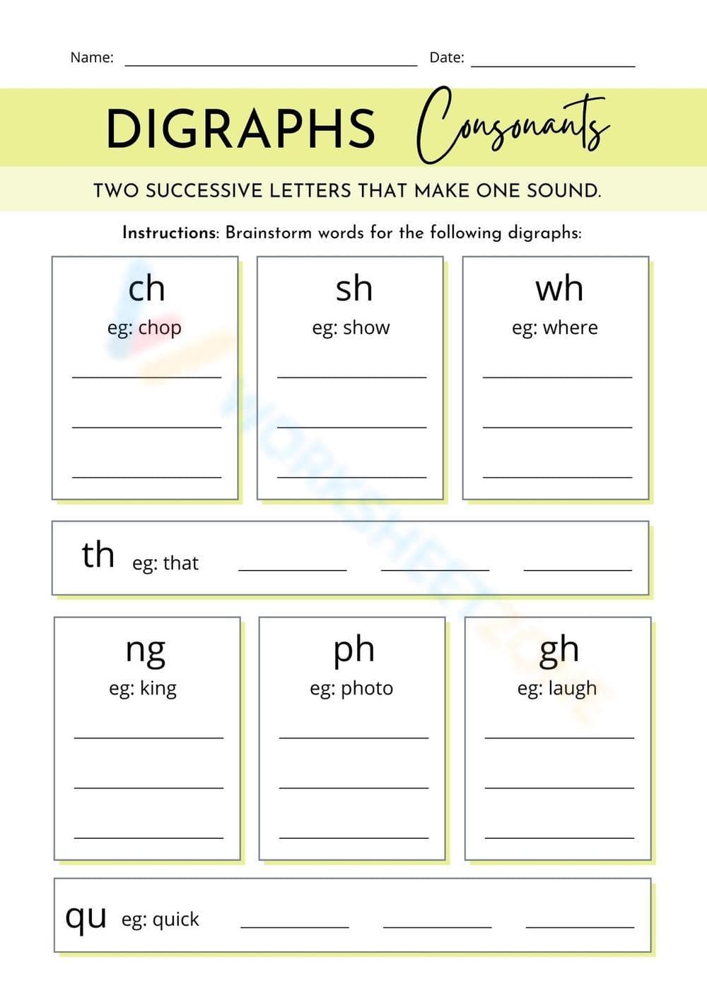 Digraph Consonants Worksheet - Page 1