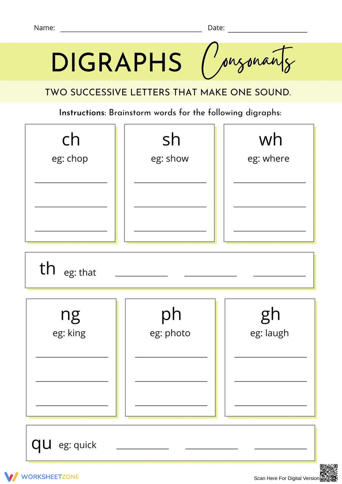 Grade 1 Consonant Digraphs — Printable No-Prep Worksheet - Page 1