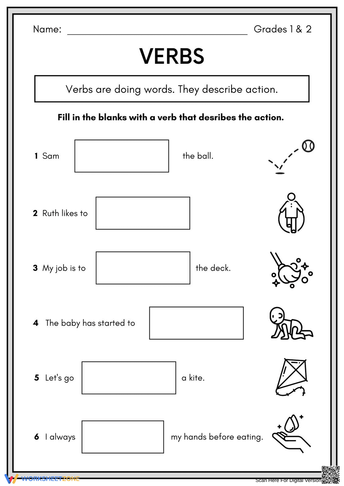 Grade 1 Action Verbs — Printable No-Prep Worksheet - Page 1