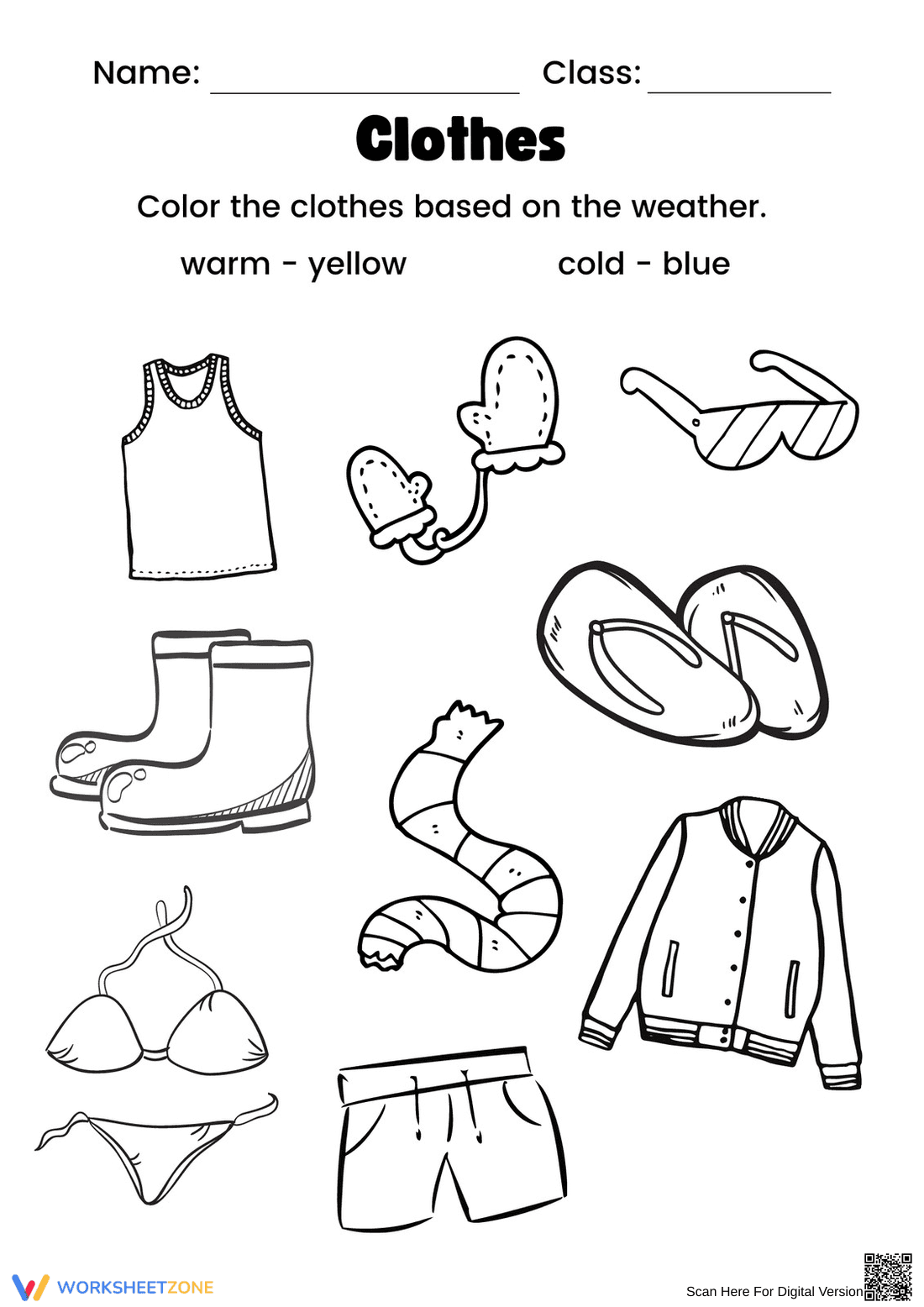 Essential Clothes & Weather Coloring Worksheet | Grade K - Page 1