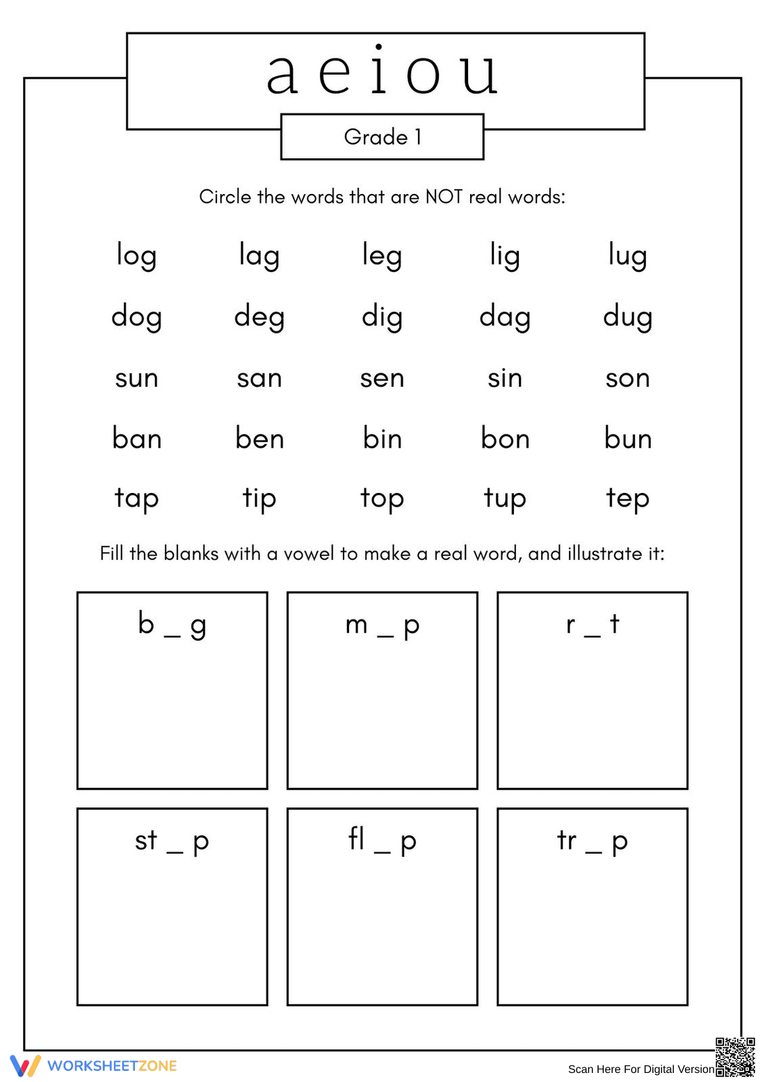 Grade 1 Short Vowels — Printable No-Prep Worksheet - Page 1