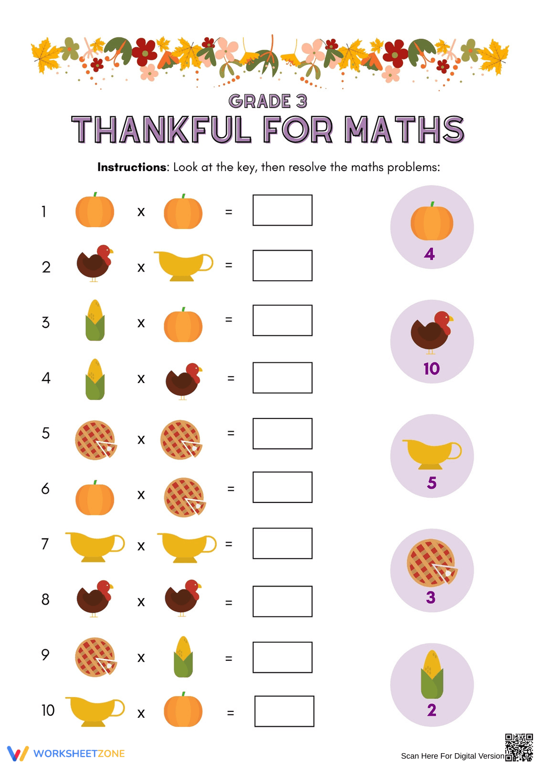 Grade 3 Thanksgiving Math Printable Worksheet - Page 1