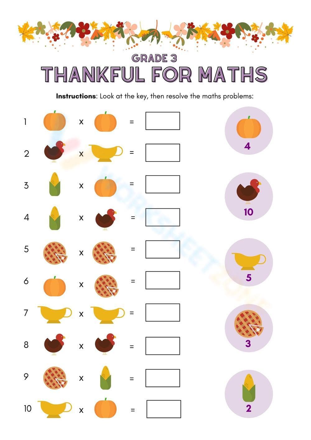 Grade 3 Thanksgiving Math Printable Worksheet - Page 1