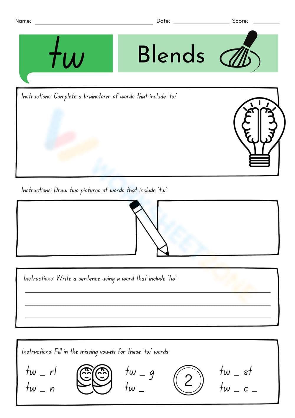"tw" Word Blends Worksheet | Grade 1 Essential Phonics - Page 1