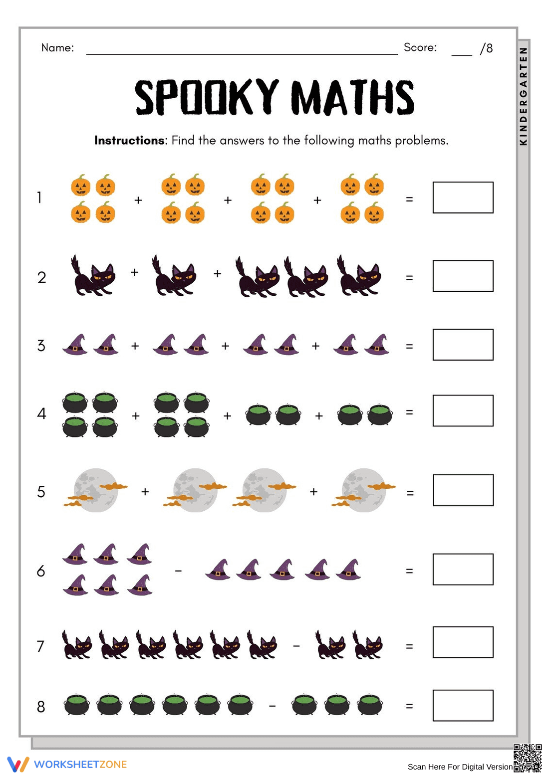 Kindergarten Spooky Math — Printable Halloween Worksheet - Page 1