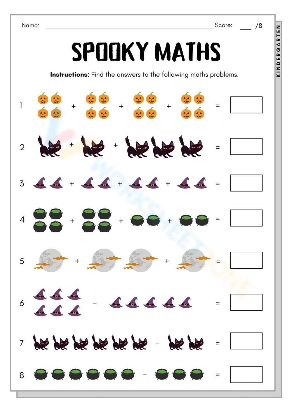 Kindergarten Spooky Math — Printable Halloween Worksheet - Page 1