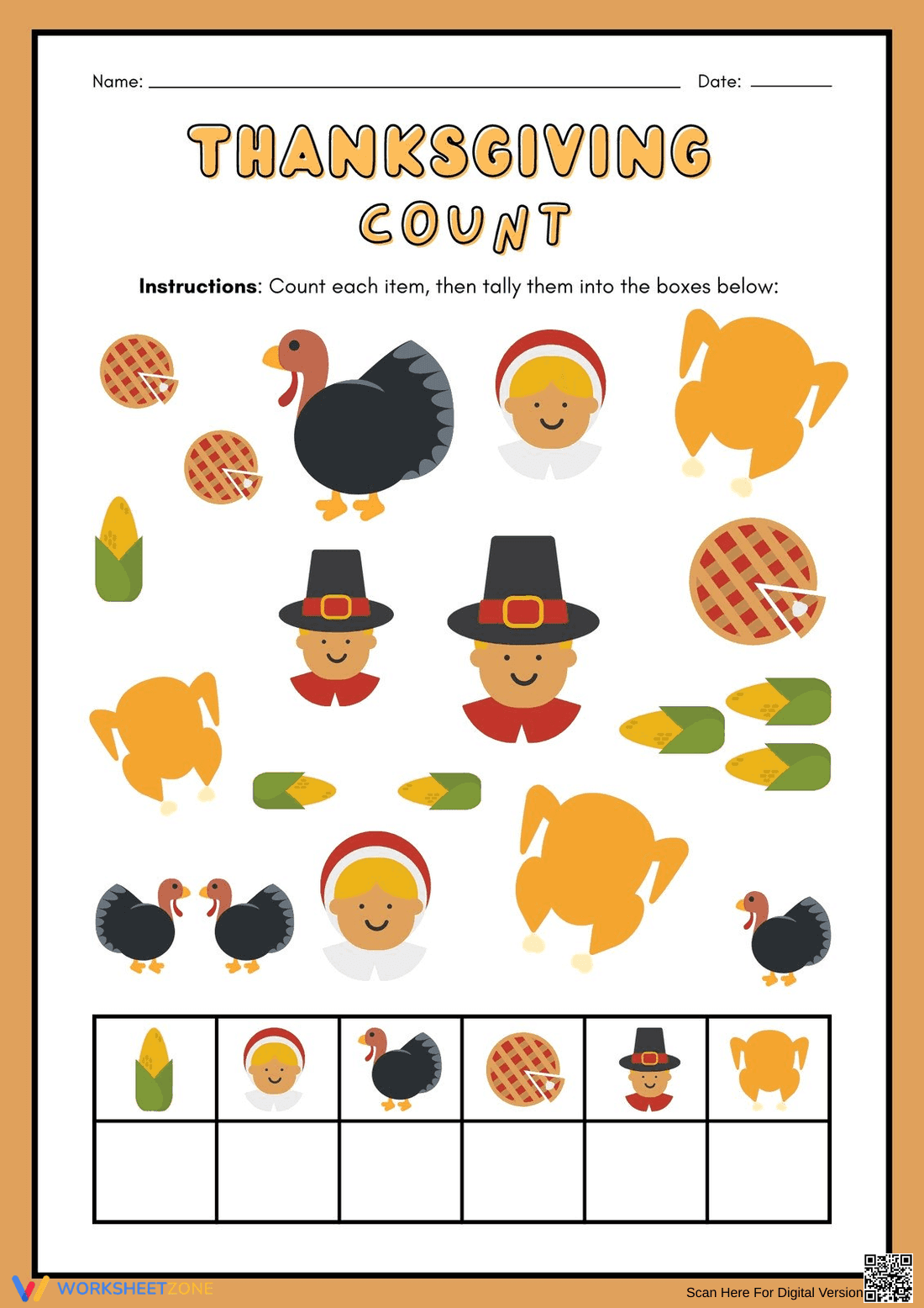 Printable Thanksgiving Counting Worksheet | Grade K Math - Page 1