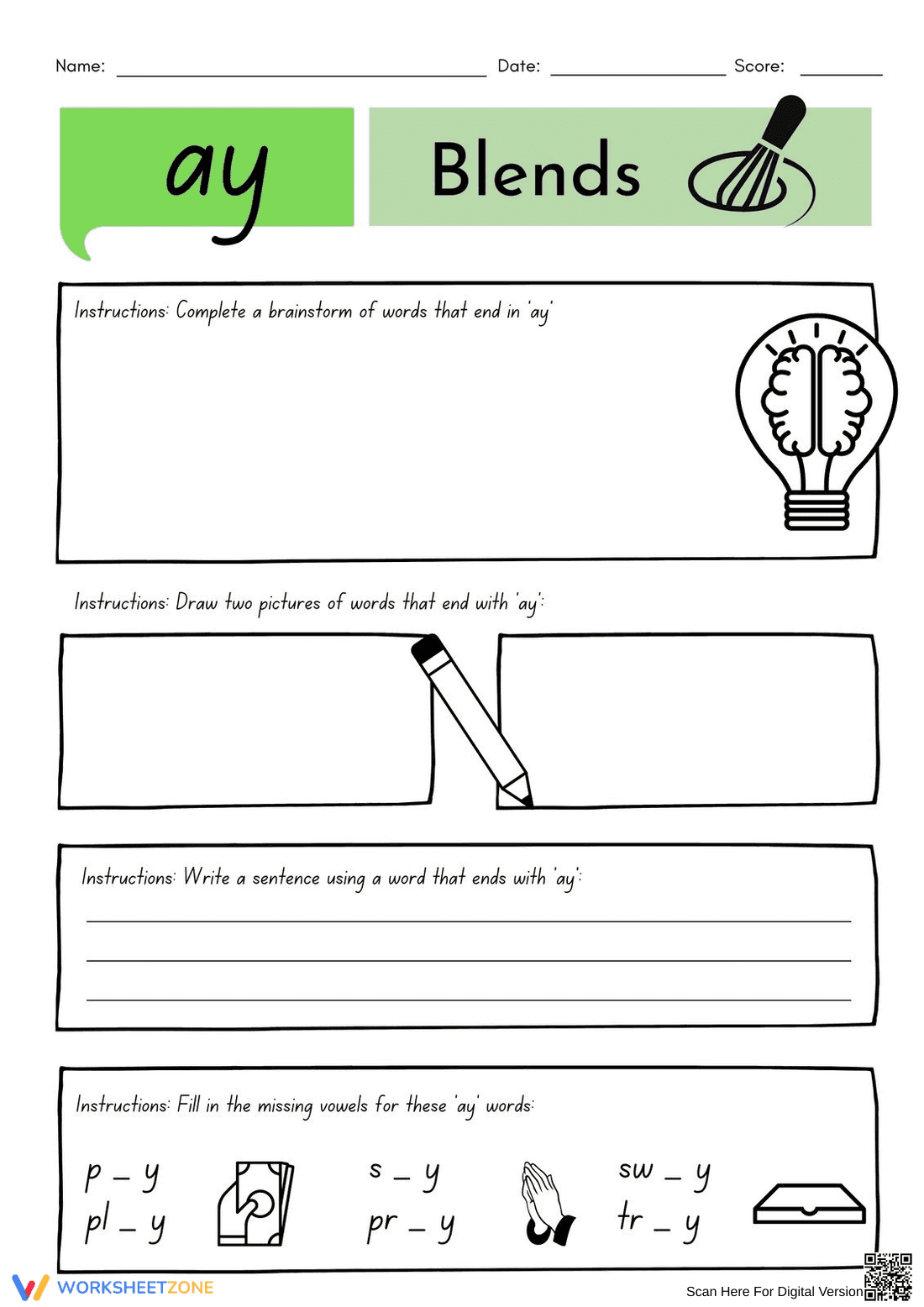 Printable 'ay' Words Worksheet | Grade 1 ELA - Page 1