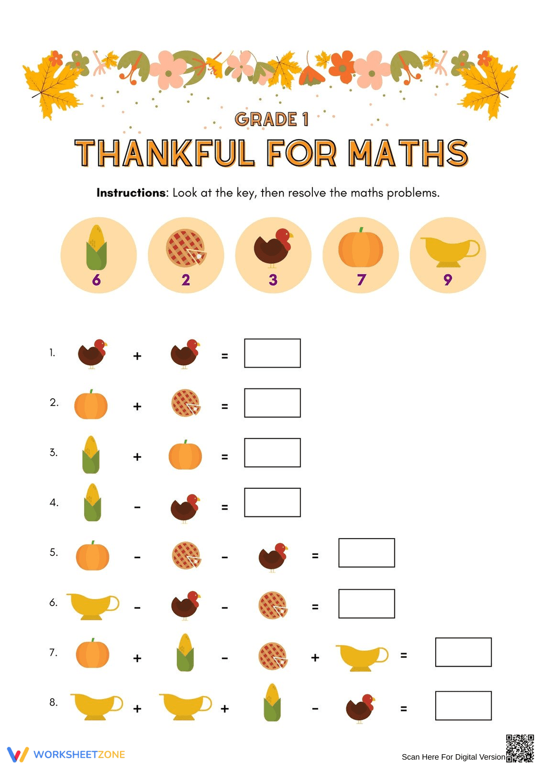 Grade 1 Thanksgiving Math Worksheet — Printable Essential - Page 1