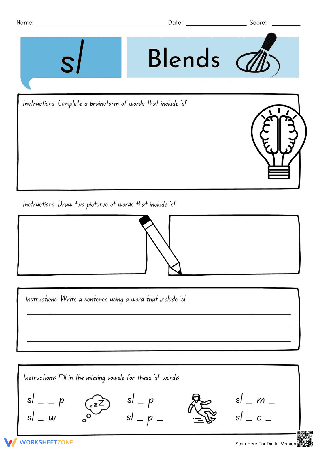 Grade 1 sl Blends — Printable No-Prep Worksheet - Page 1