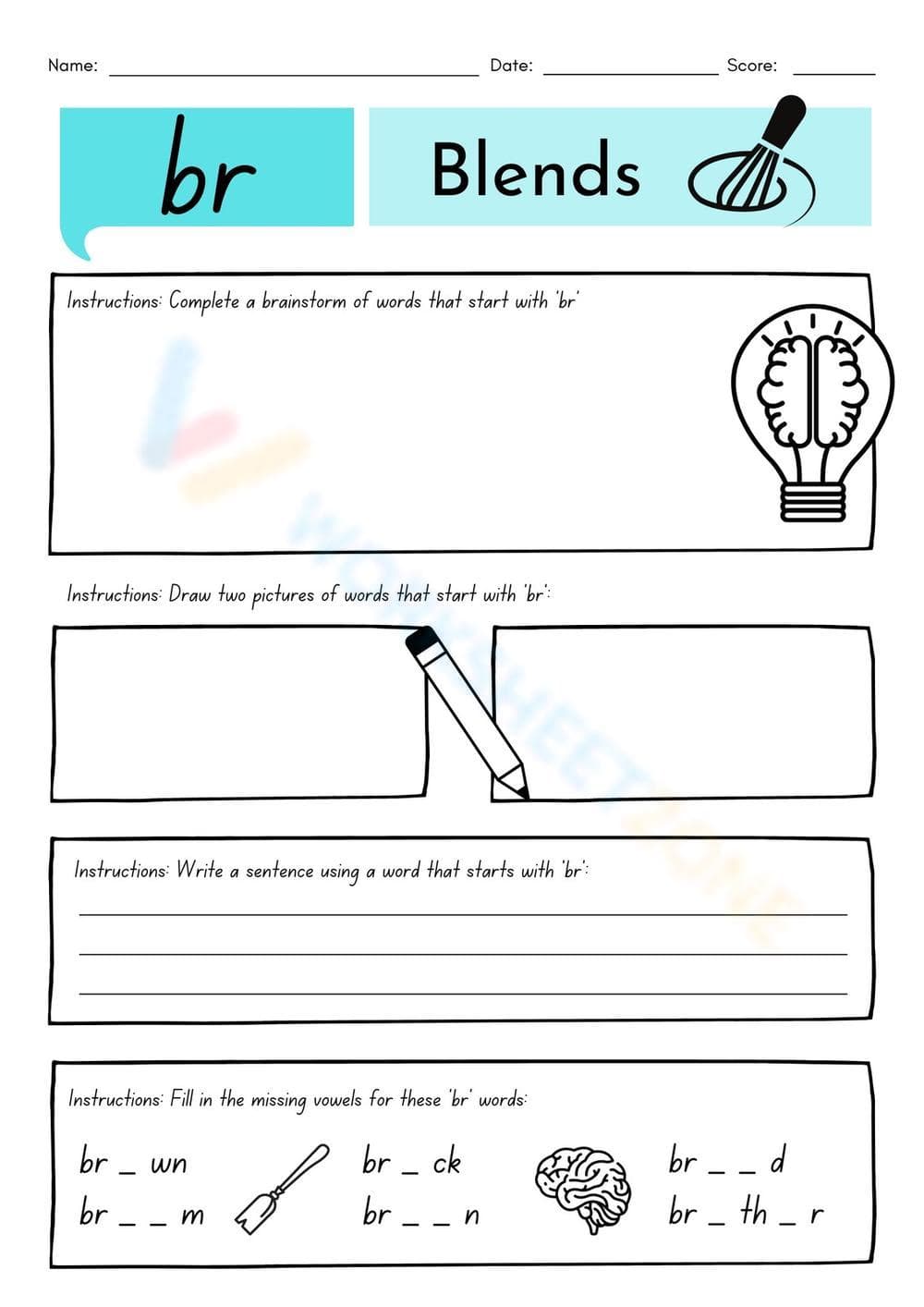 Grade 1 br Blends — Printable No-Prep Worksheet - Page 1
