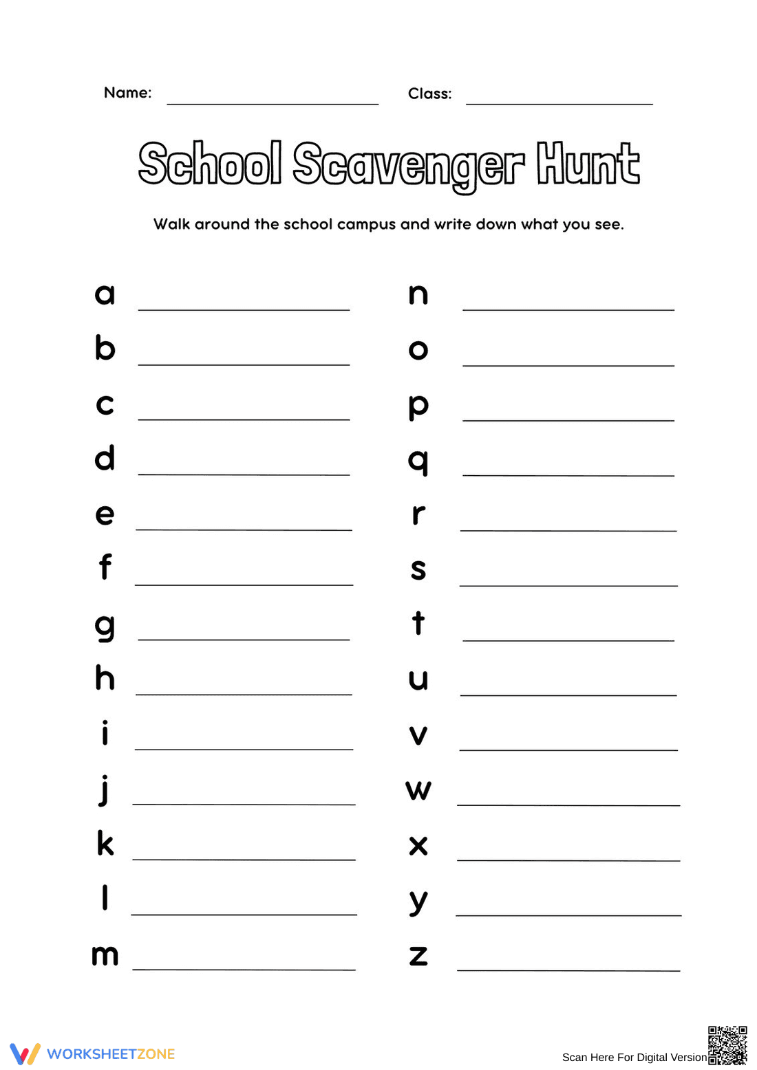 School Scavenger Hunt | Grade K Printable Worksheet - Page 1