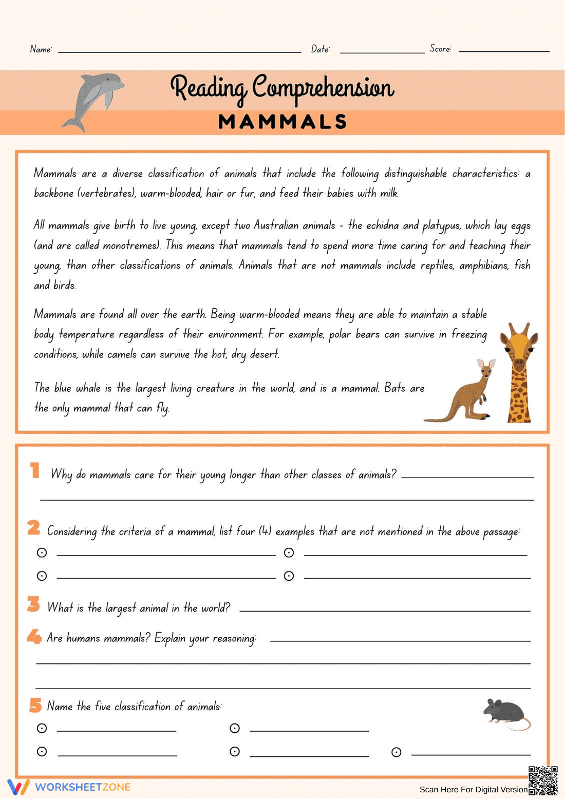 Mammals Reading Comprehension | Grade 3 Printable - Page 1