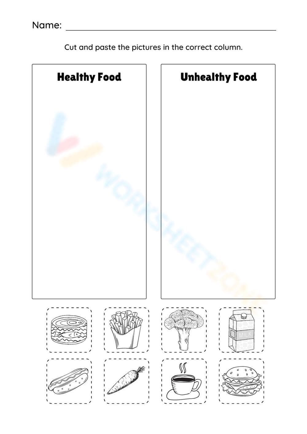 Healthy vs Unhealthy Food Worksheet | Printable Grade K - Page 1