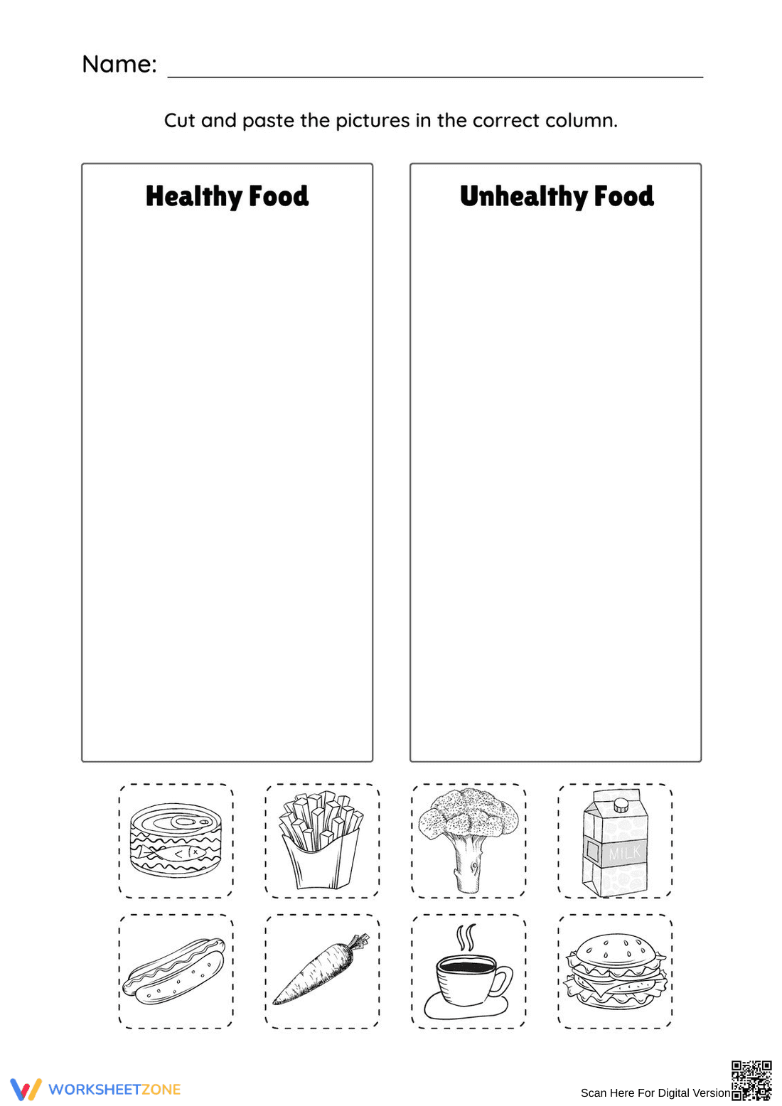 Healthy vs Unhealthy Food Worksheet | Printable Grade K - Page 1