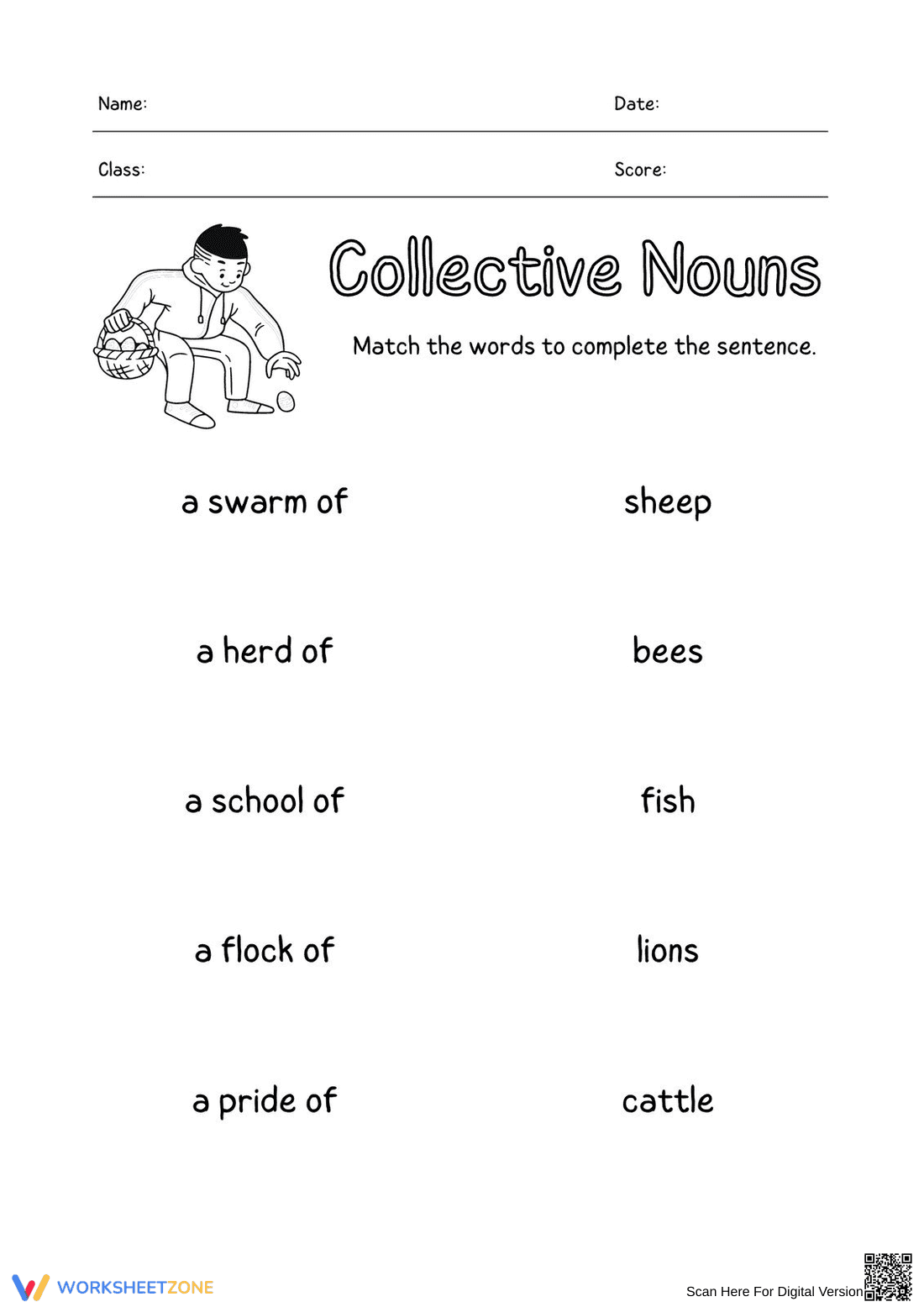 Collective Nouns Matching Worksheet | Grade 2 Printable - Page 1