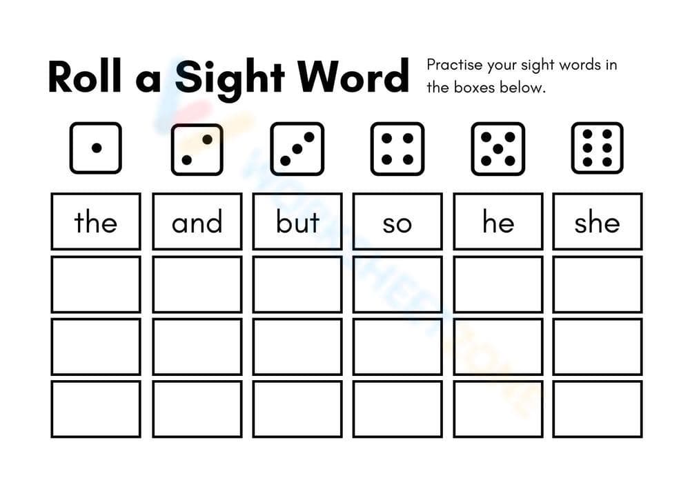 Roll a Sight Word Worksheet | Printable Grade K ELA - Page 1