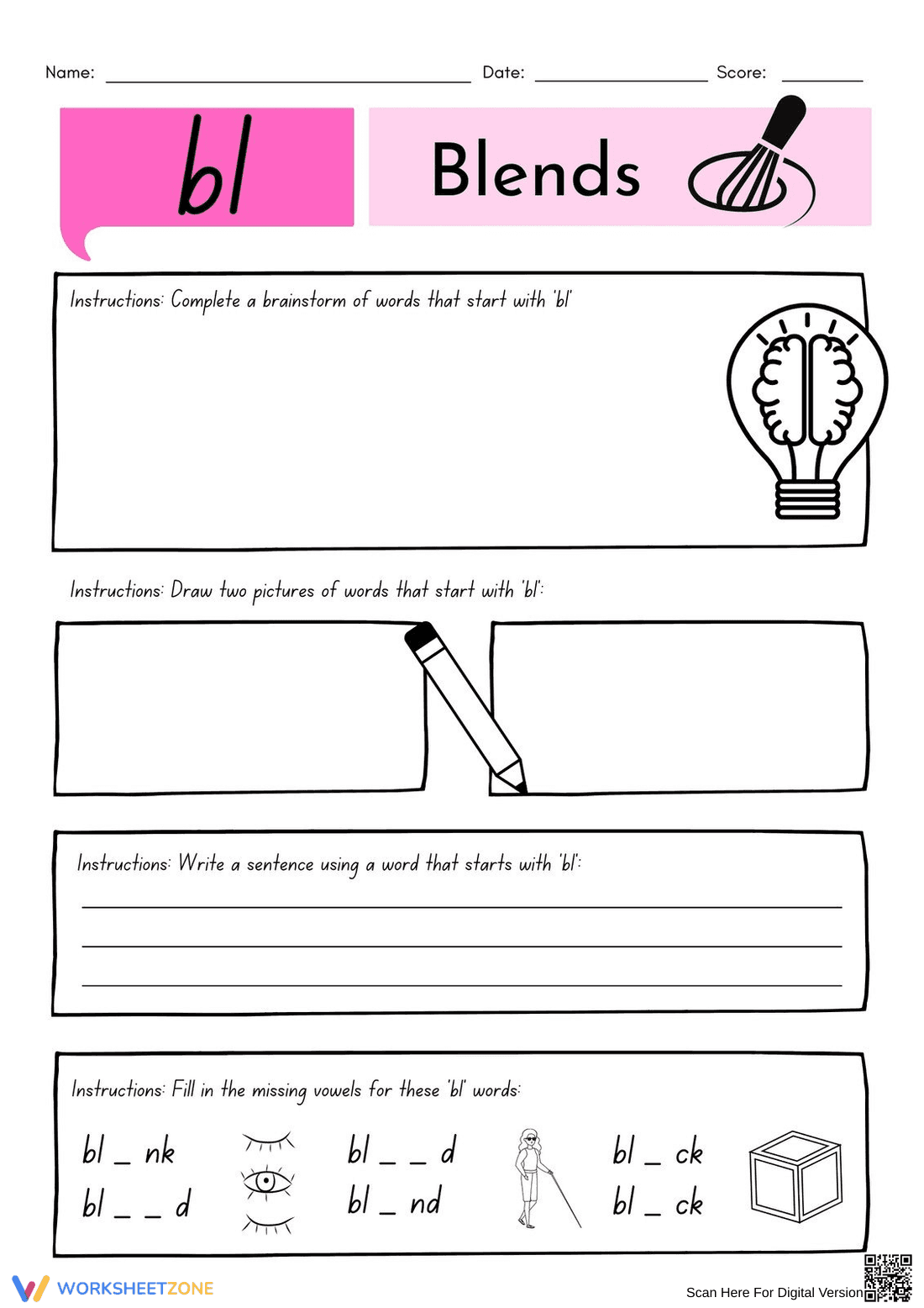 Grade 1 Word Blends bl — Printable No-Prep Worksheet - Page 1