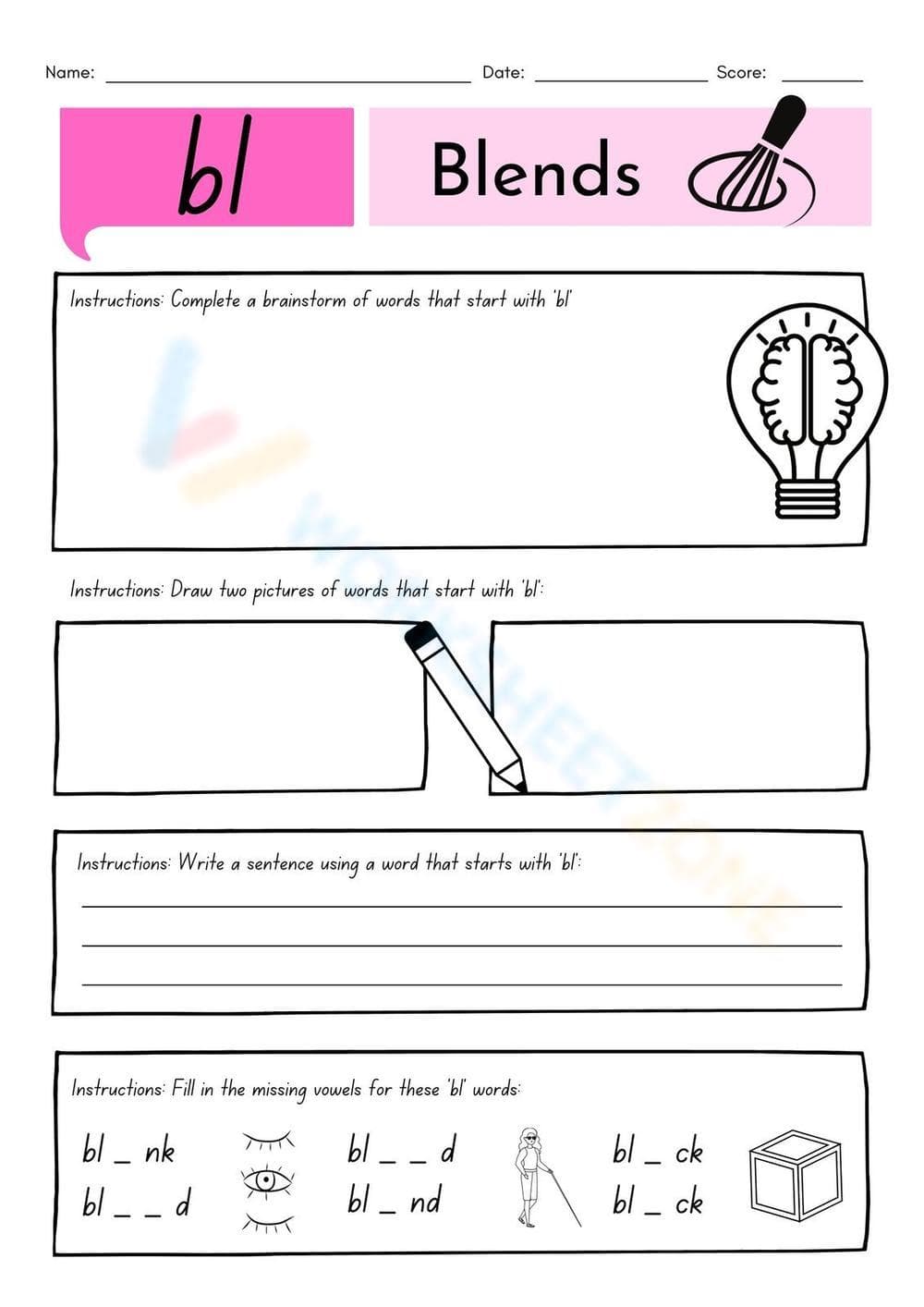 Grade 1 Word Blends bl — Printable No-Prep Worksheet - Page 1