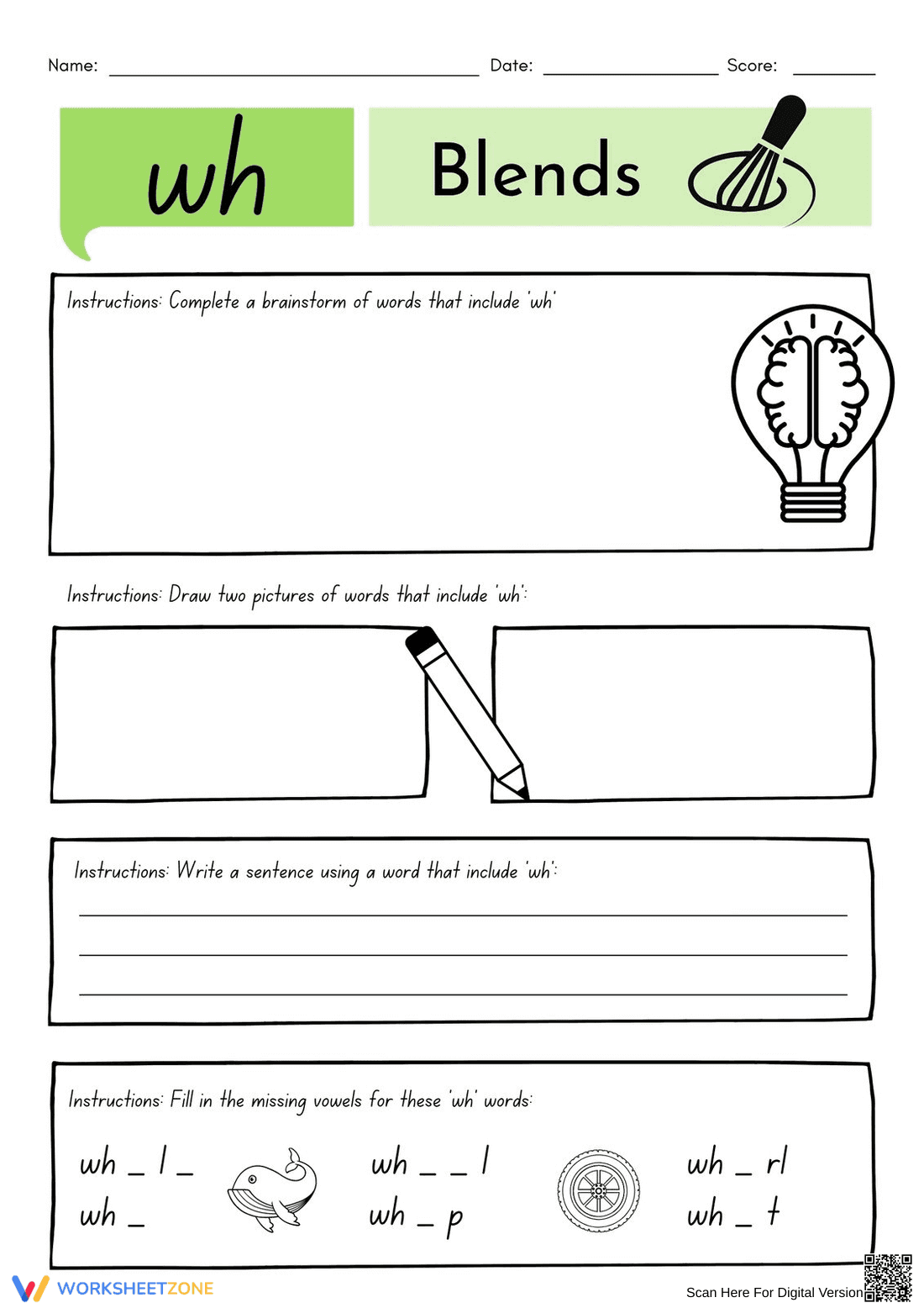 WH Digraphs & Blends Printable Worksheet | Grade 1 - Page 1