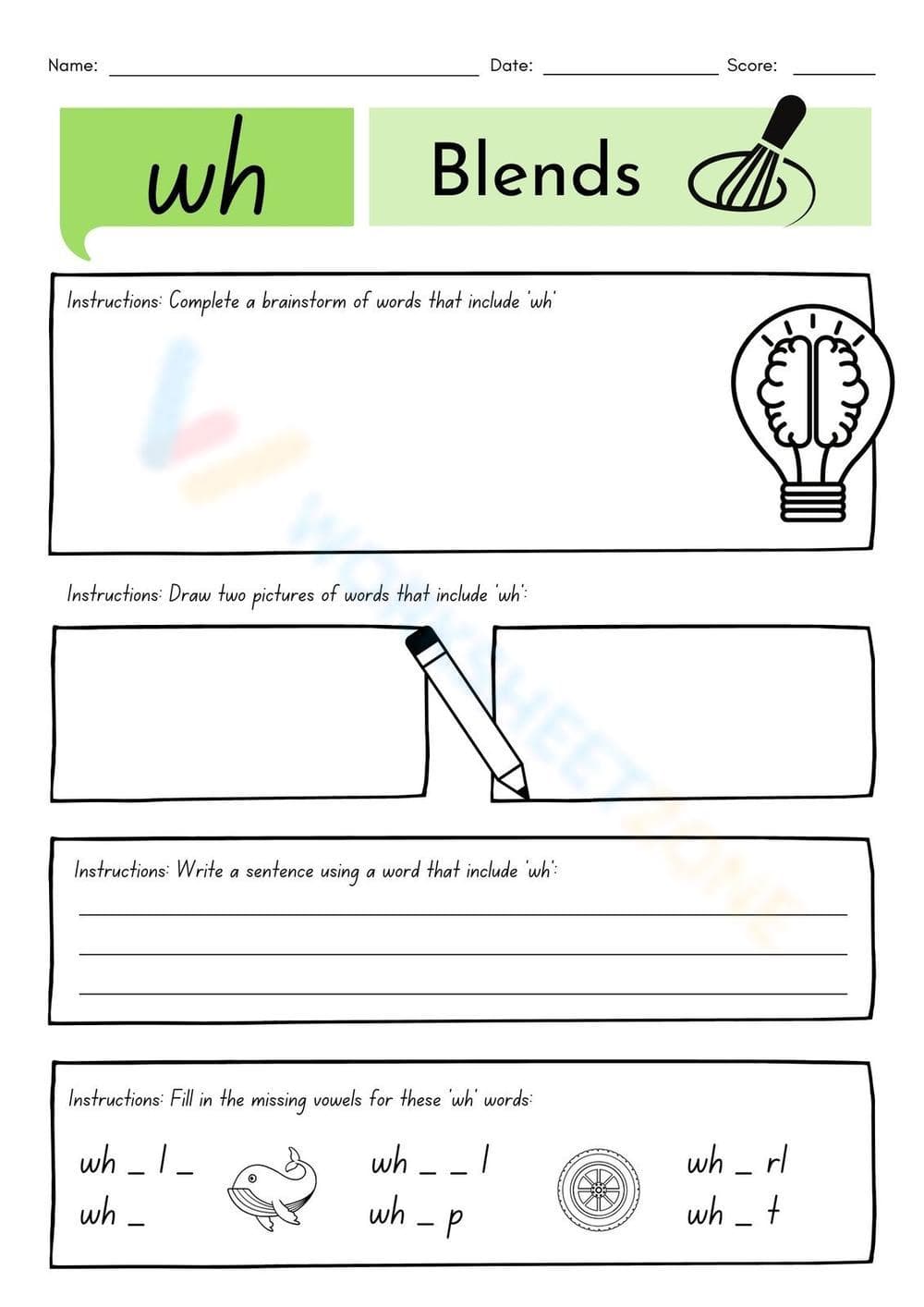 WH Digraphs & Blends Printable Worksheet | Grade 1 - Page 1