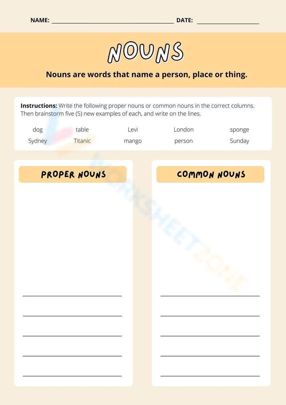 Proper and Common Nouns Worksheet | Grade 3-4 Printable - Page 1