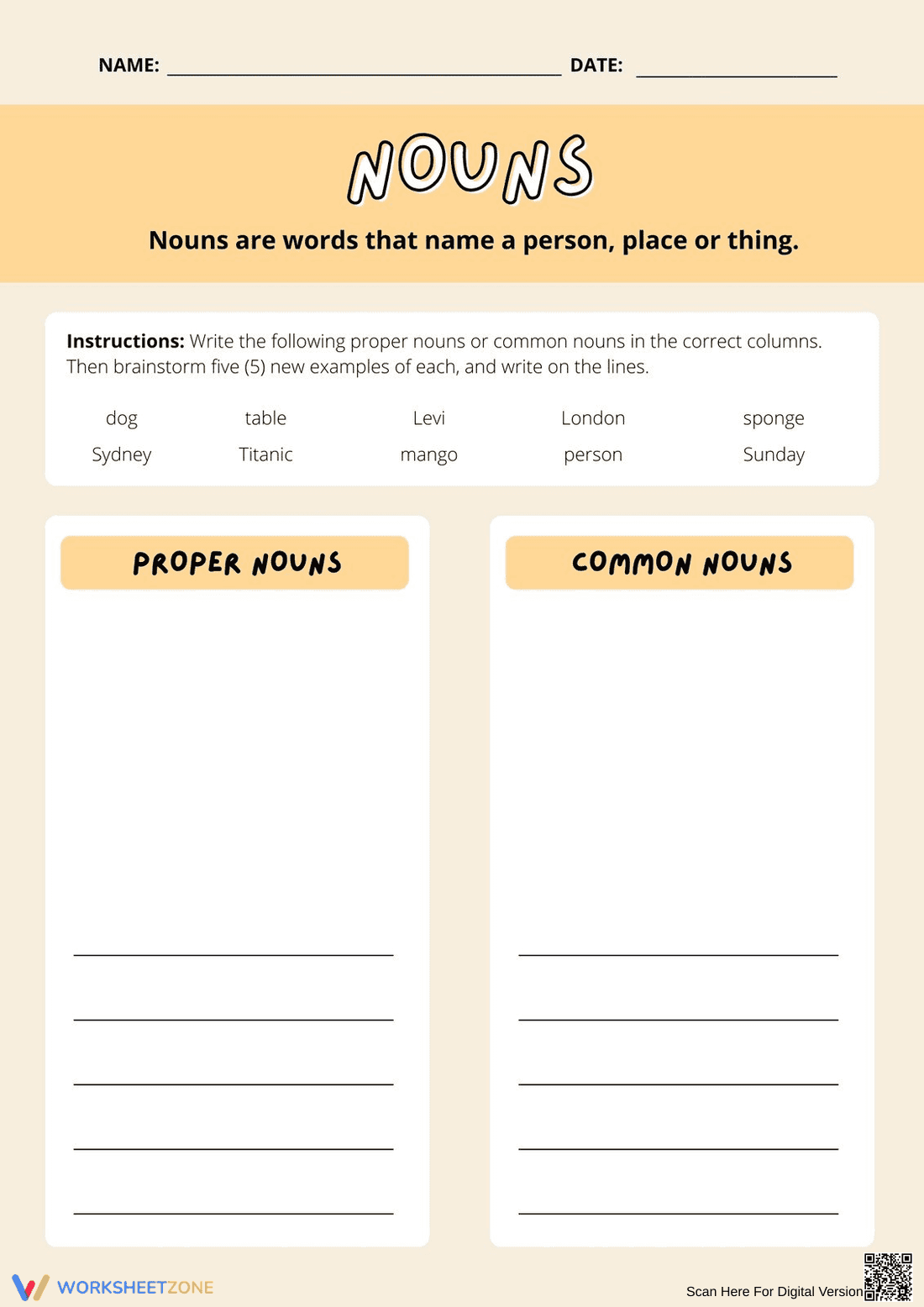 Proper and Common Nouns Worksheet | Grade 3-4 Printable - Page 1