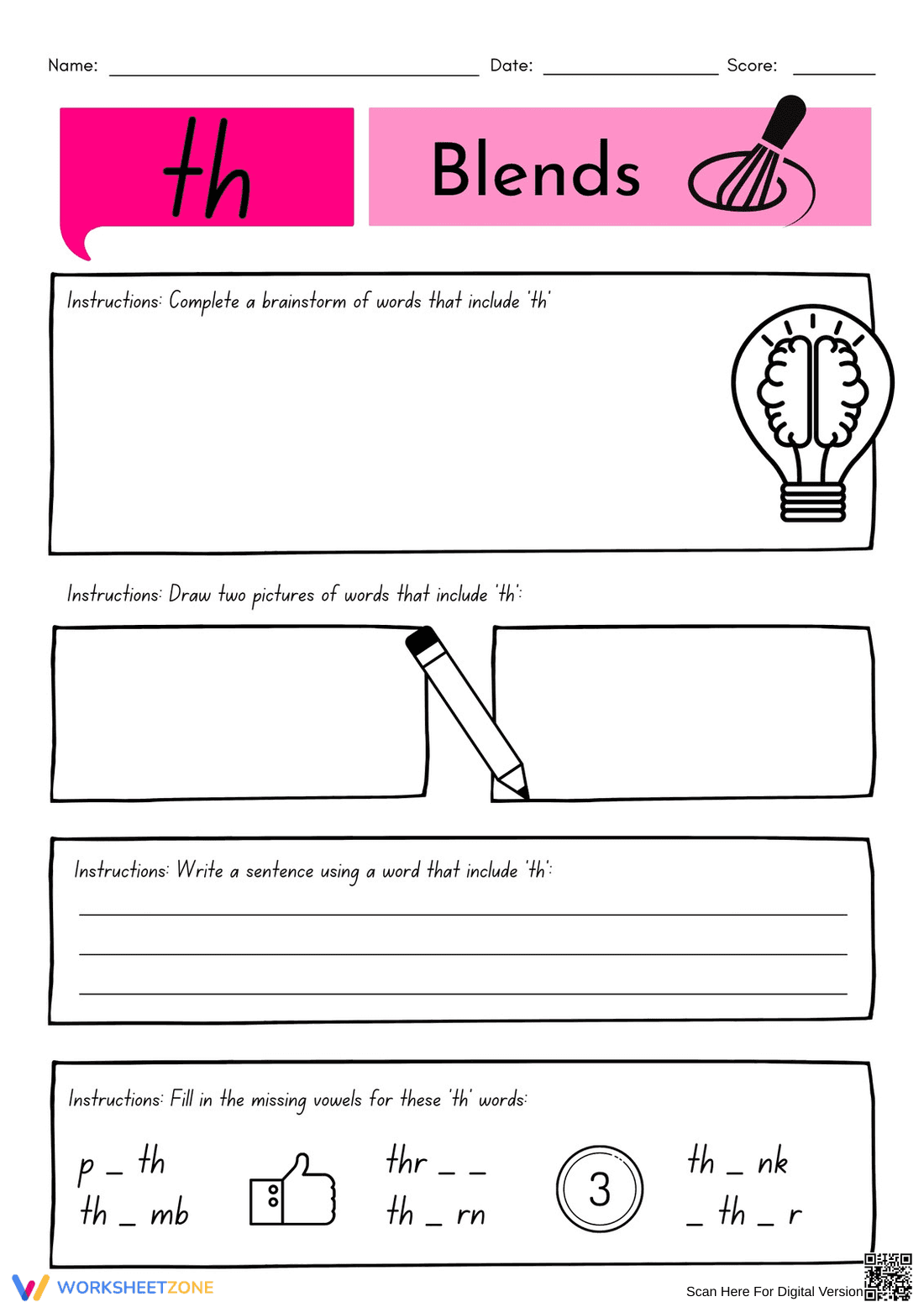 th Blends Worksheet | Printable Grade 1 ELA - Page 1