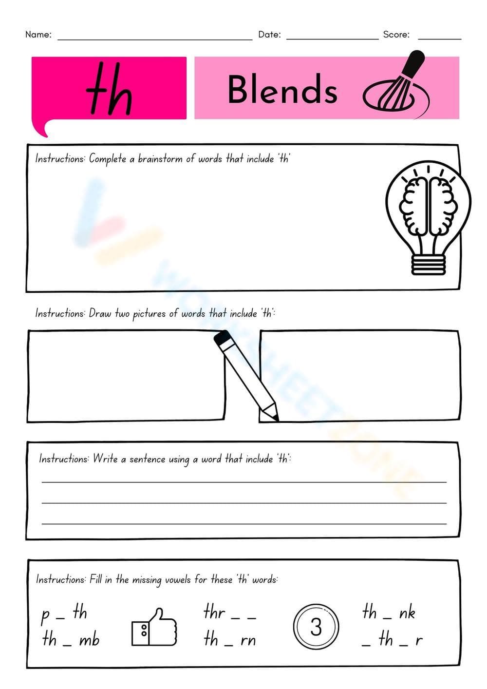 th Blends Worksheet | Printable Grade 1 ELA - Page 1