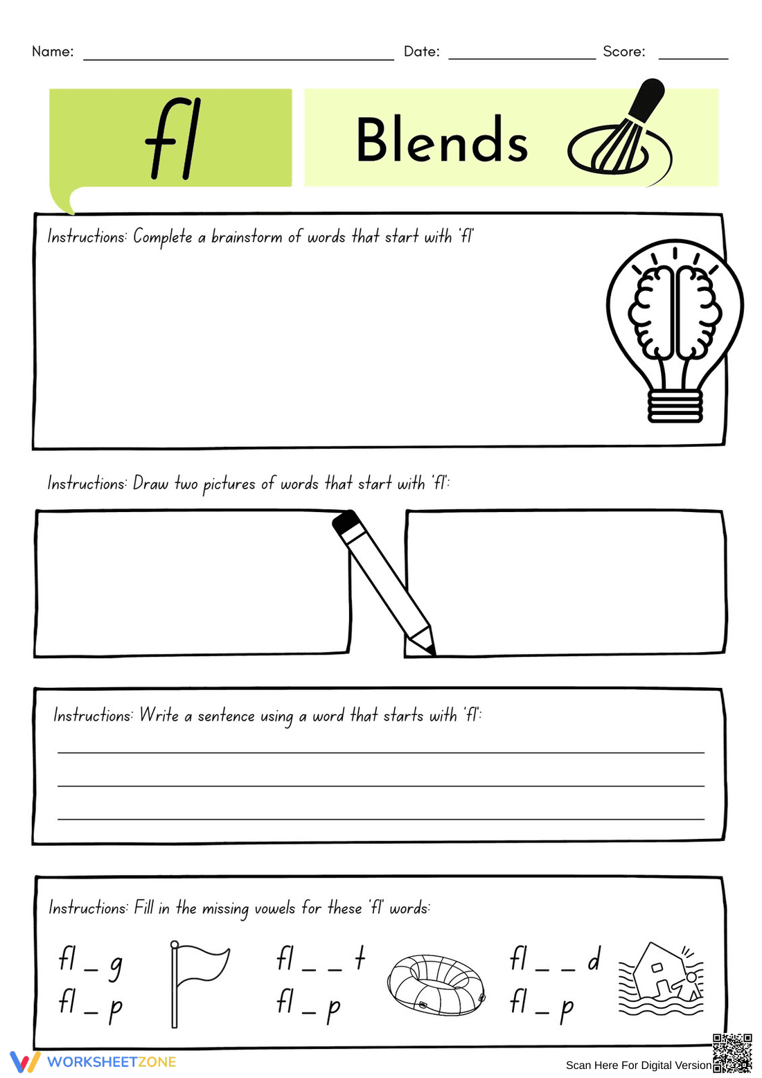 Word Blends: fl Worksheet | Grade 1 Essential - Page 1