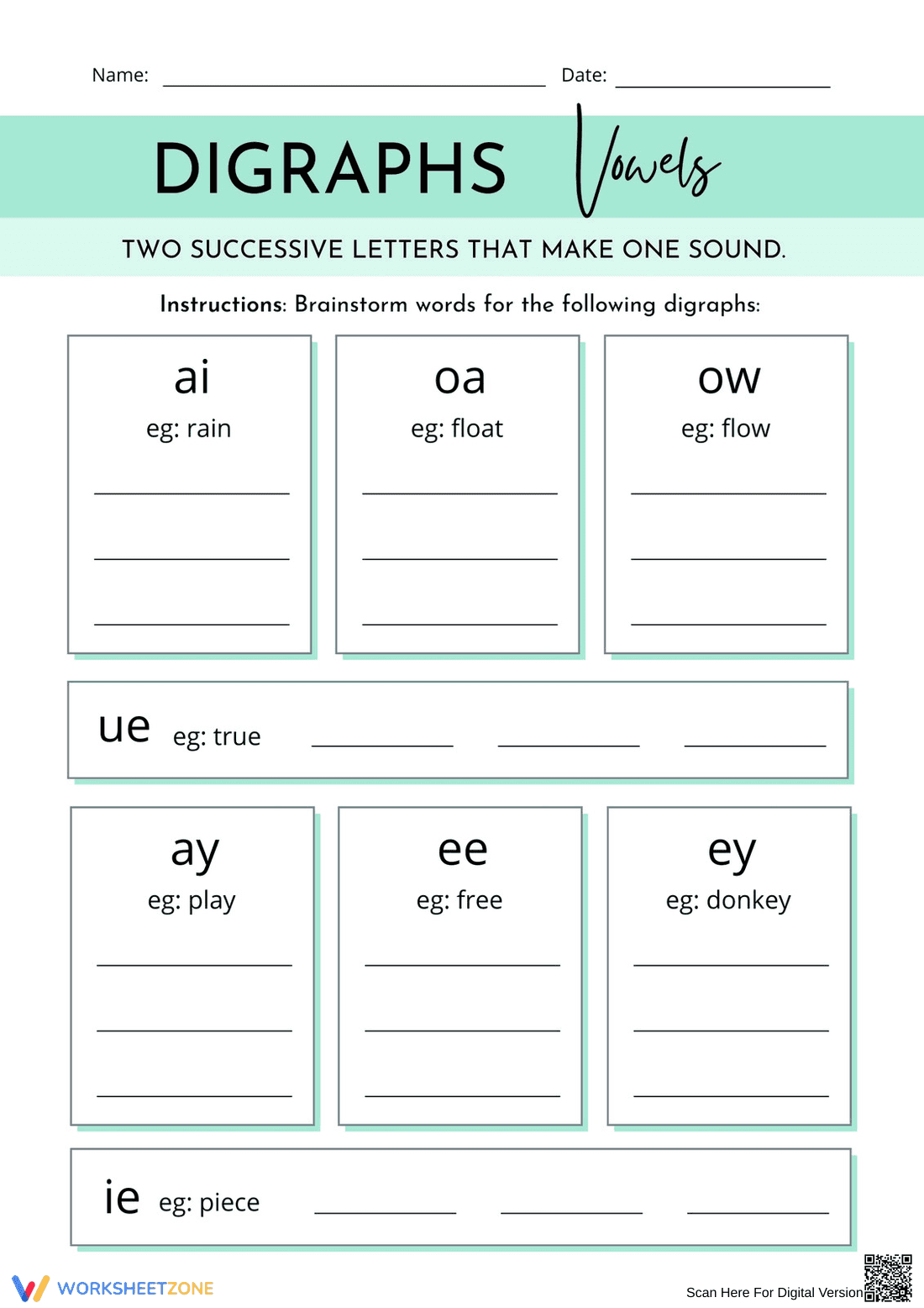 Grade 1 Vowel Digraphs — Printable No-Prep Worksheet - Page 1