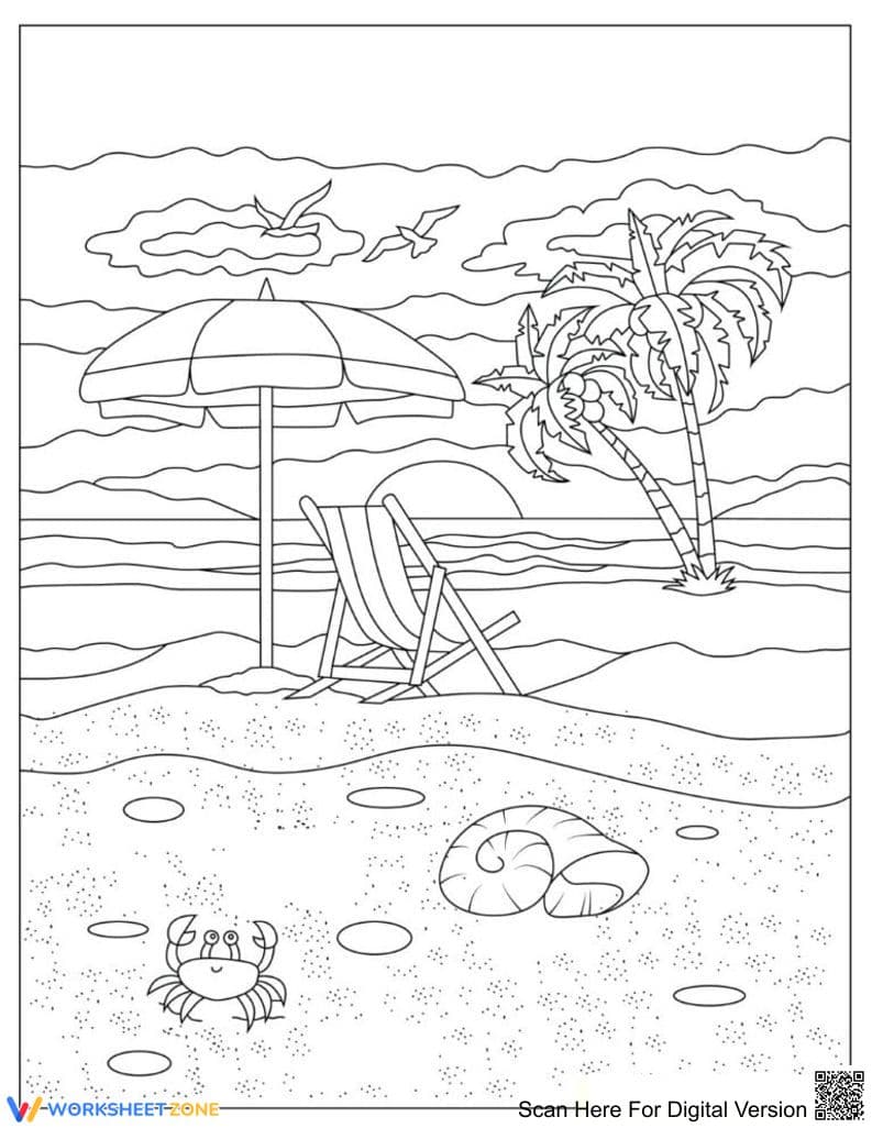 Beach Coloring Page | Printable Grade K-5 English - Page 1