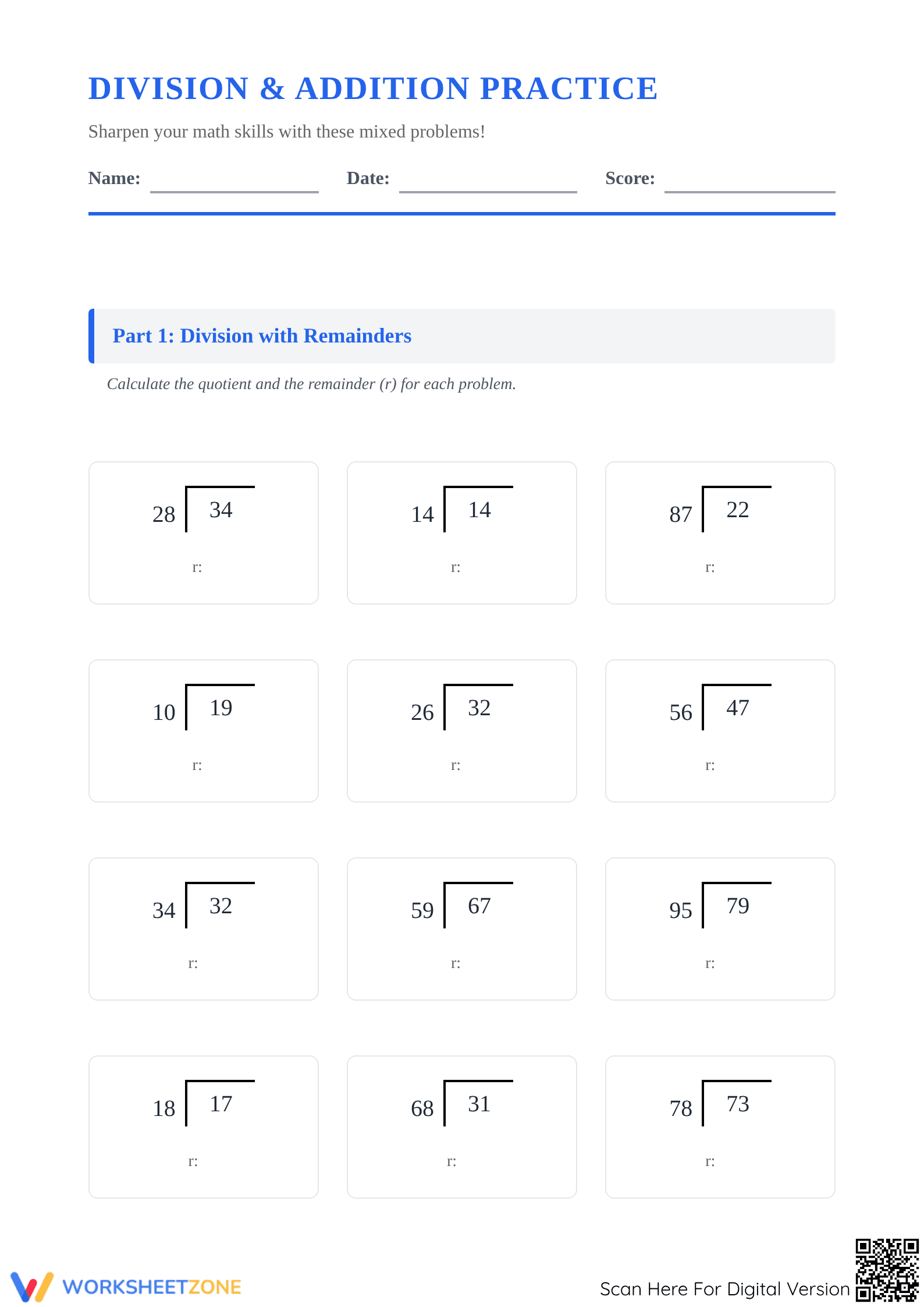 Printable Division and Addition Worksheet | Grade 5 Math - Page 1