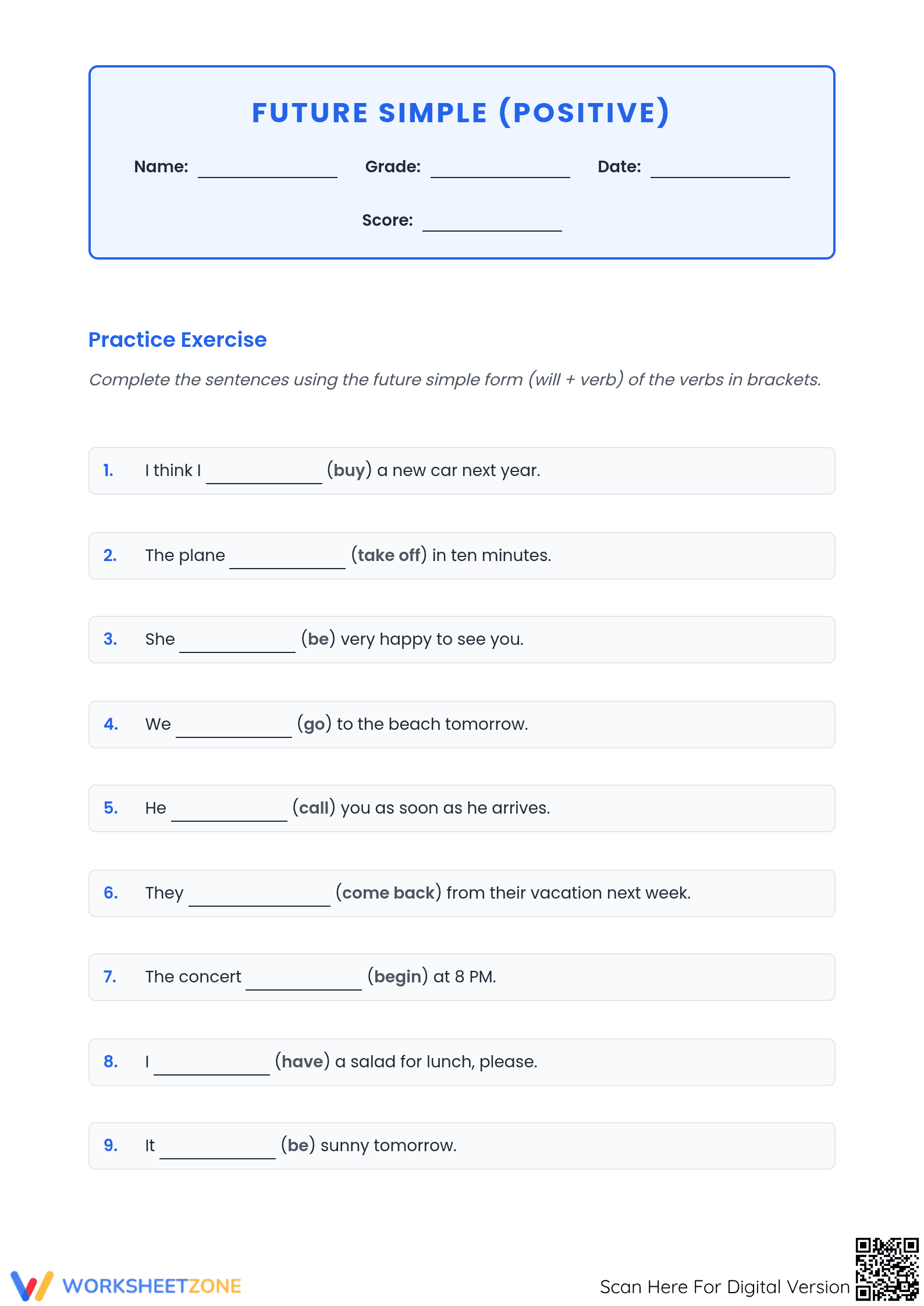 Grade 3 Future Simple Tense — Printable No-Prep Worksheet - Page 1