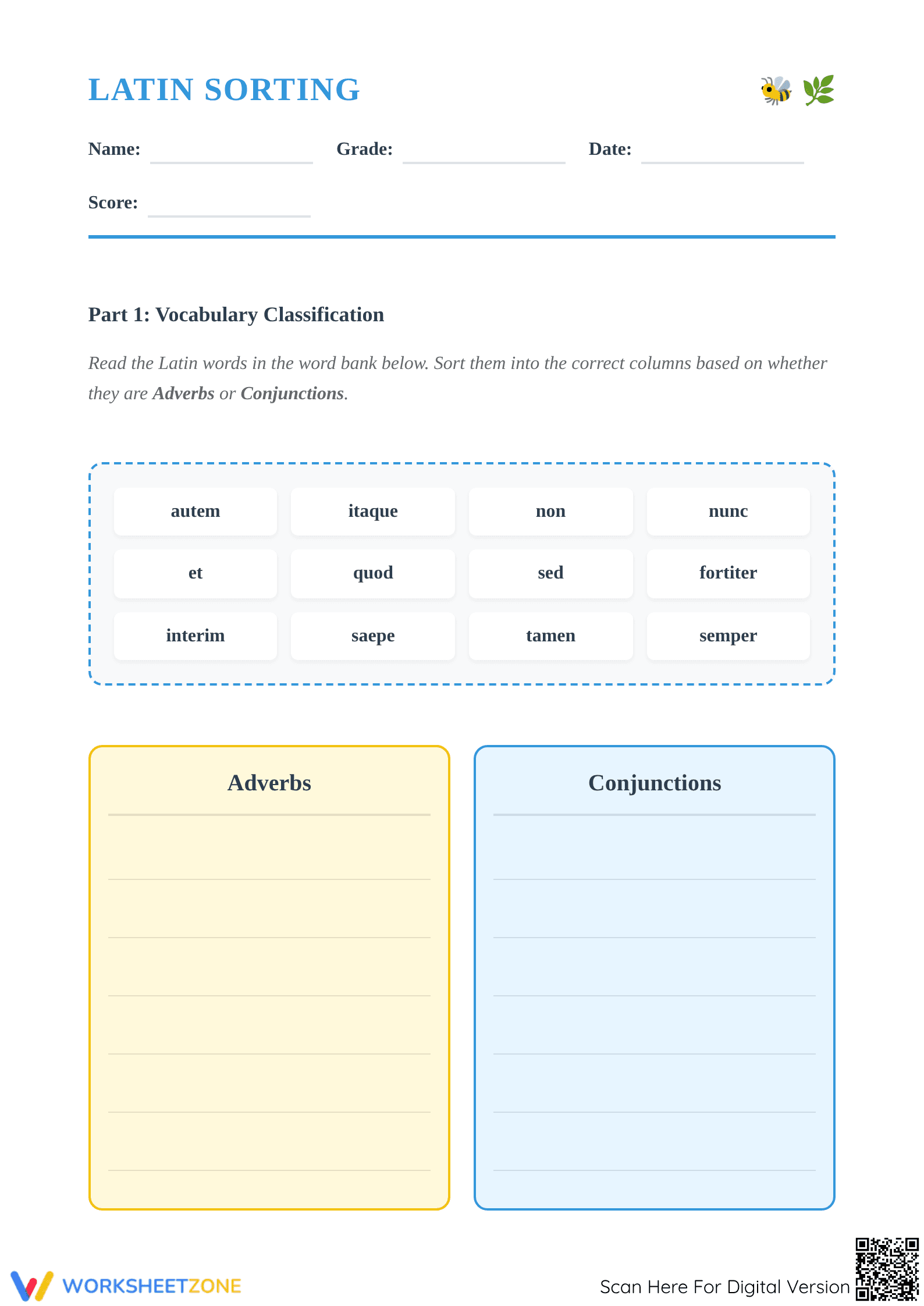 Latin Adverbs and Conjunctions Sorting | Essential Grade 6 - Page 1