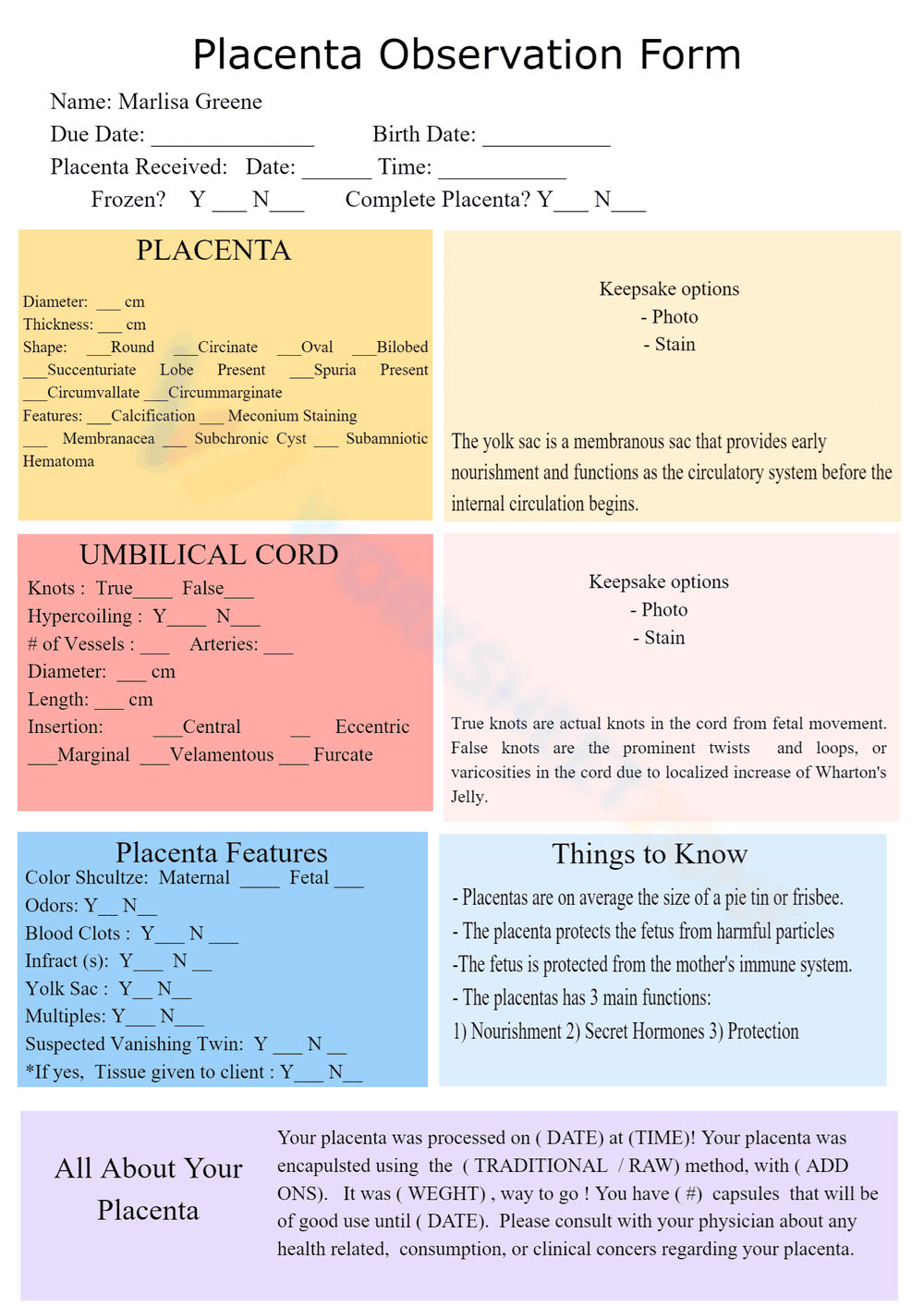Placenta Observation Form | Essential Biology Worksheet - Page 1