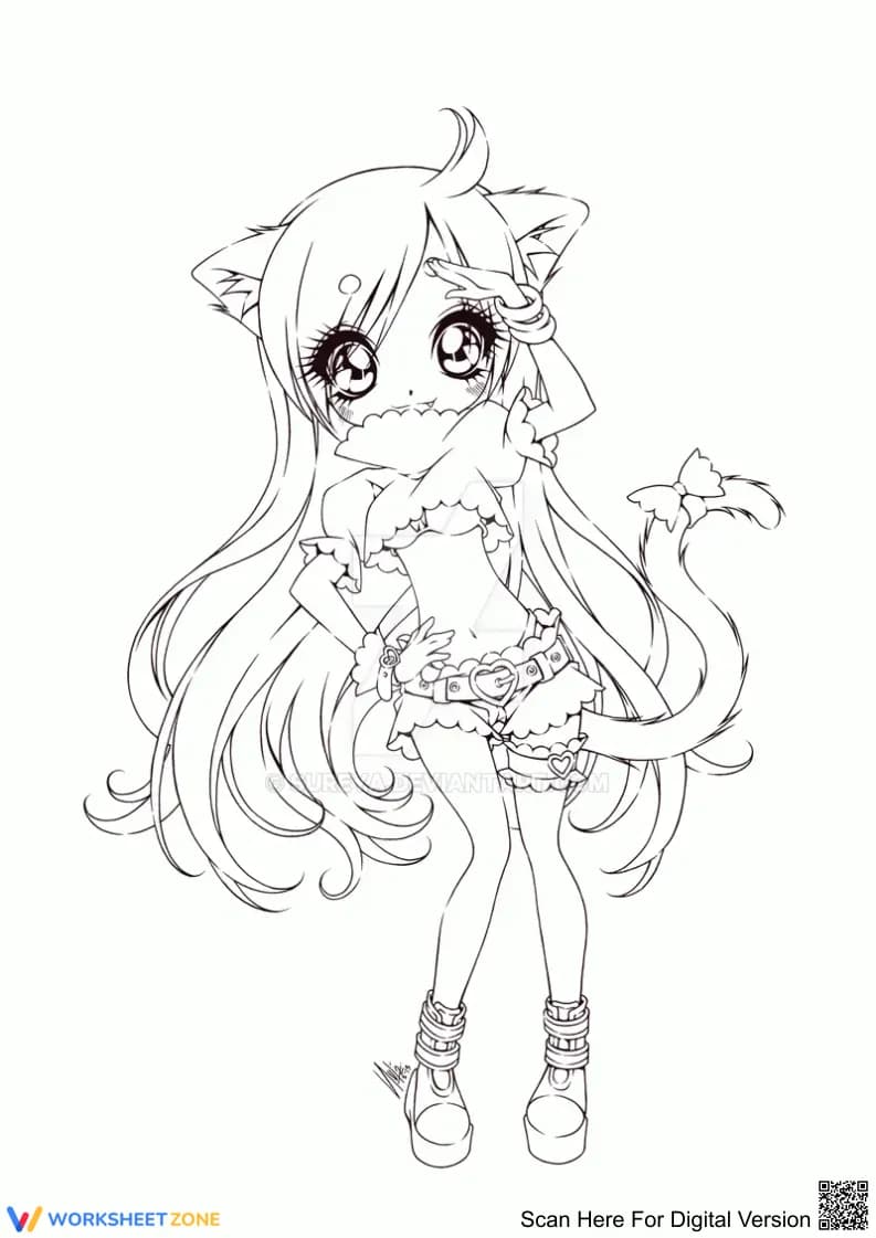 Kawaii Cat Girl Anime Chibi Coloring Page for Kids - Page 1