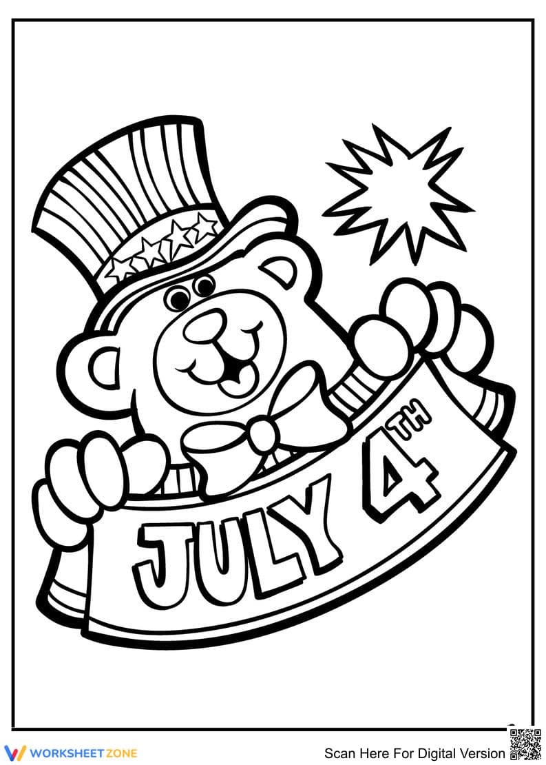 4th of July Coloring Page | Patriotic Bear - Page 1