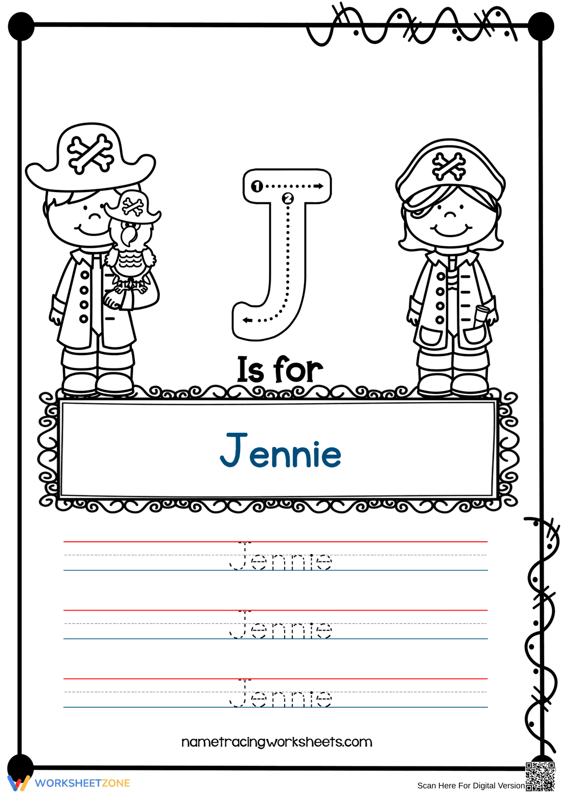 Jennie Name Tracing Worksheet | Printable Grade K-1 - Page 1