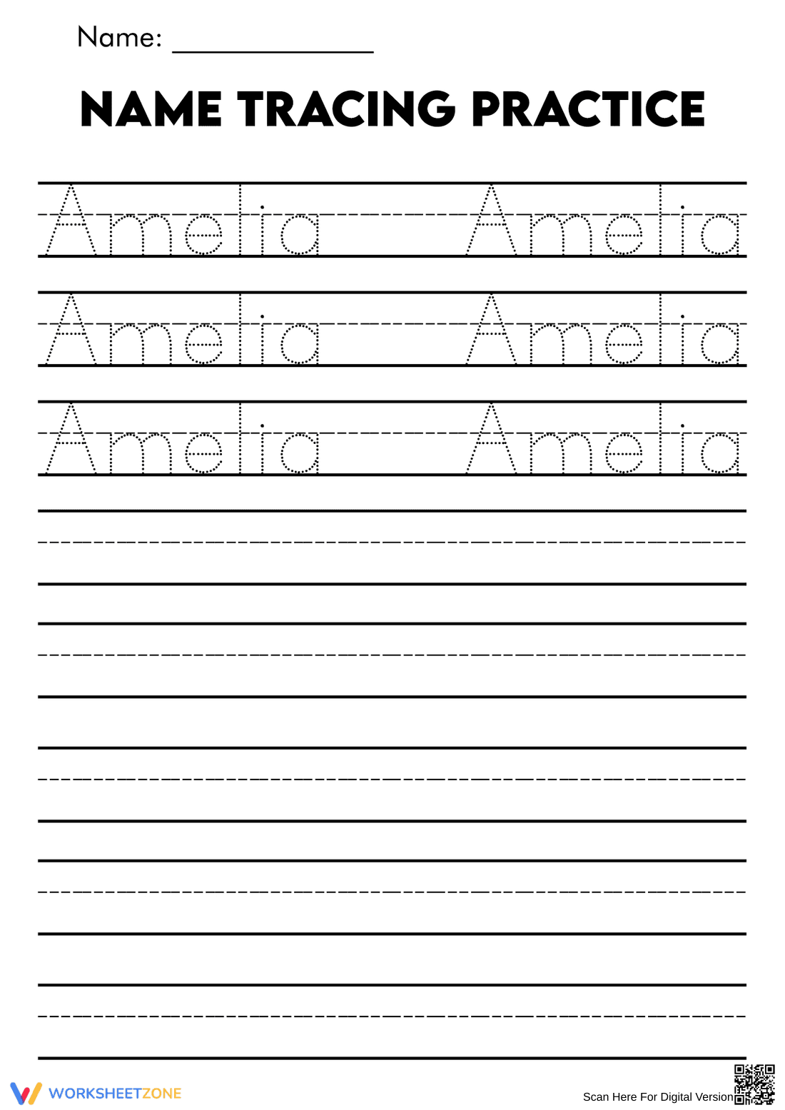 Name Tracing: Amelia Worksheet - Page 1