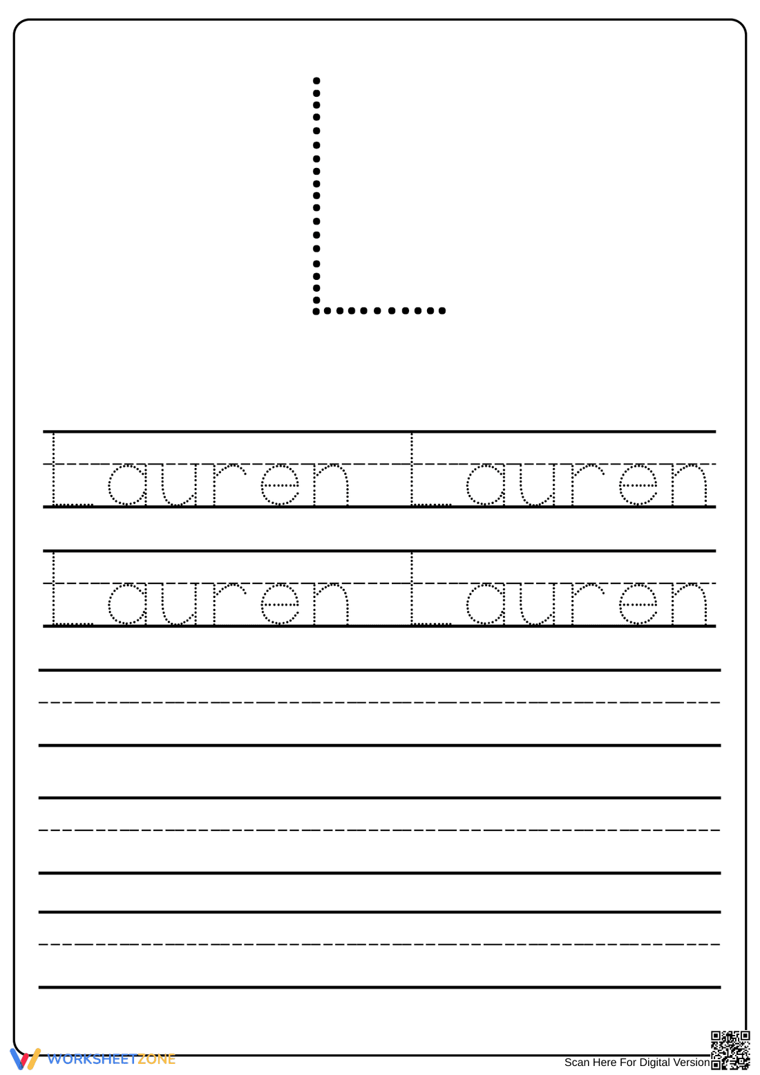Printable Lauren Name Tracing Worksheet for Kindergarten - Page 1