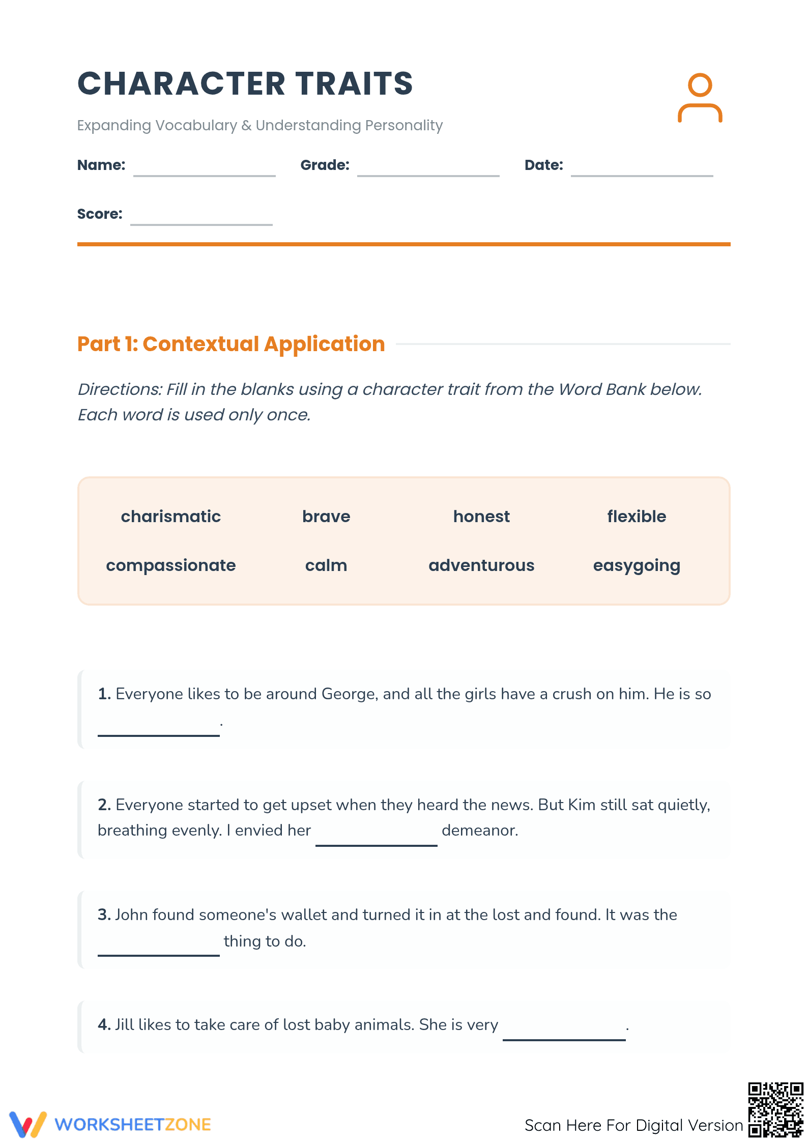 Character Traits Worksheet | Printable Grade 4 ELA - Page 1