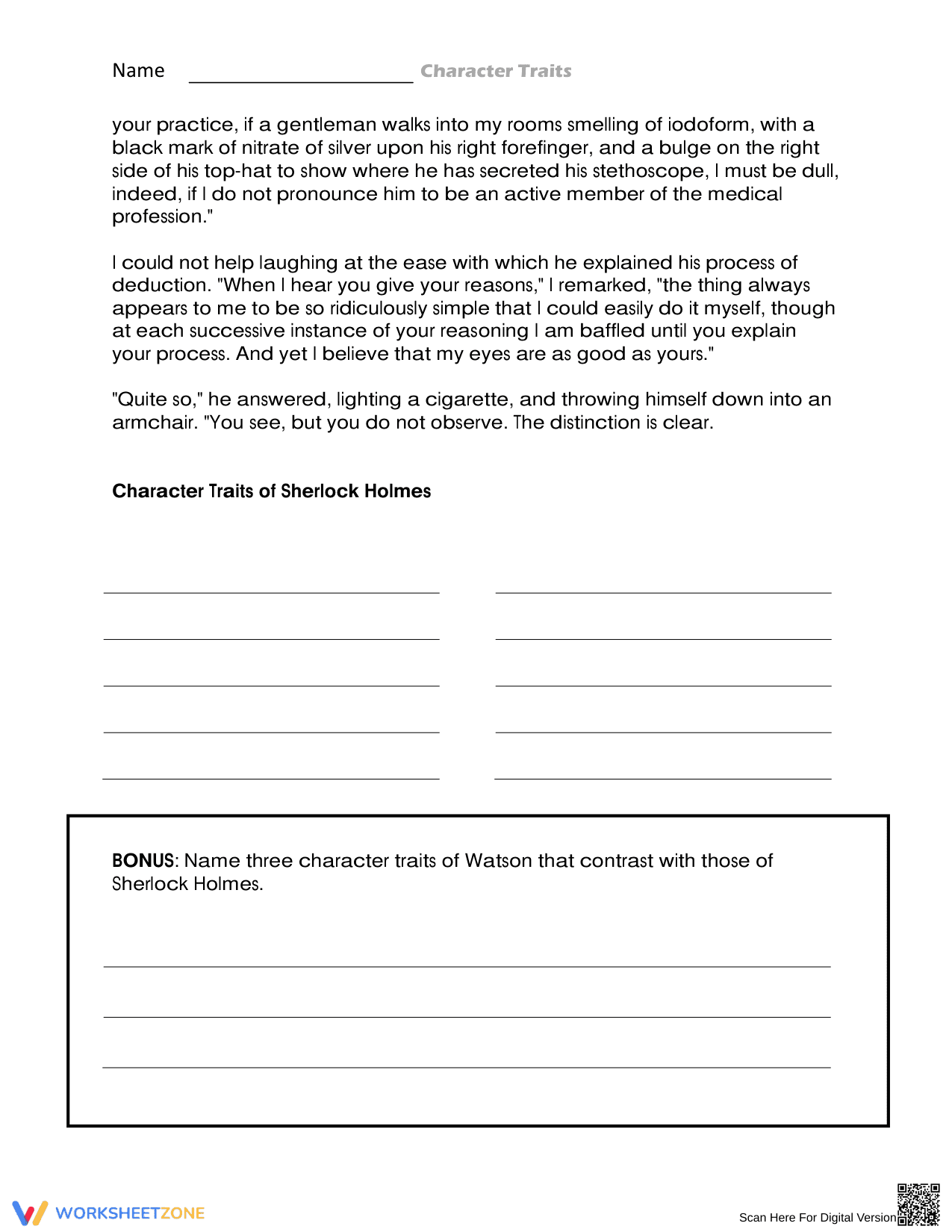 Character Traits of Sherlock Holmes Worksheet - Page 1